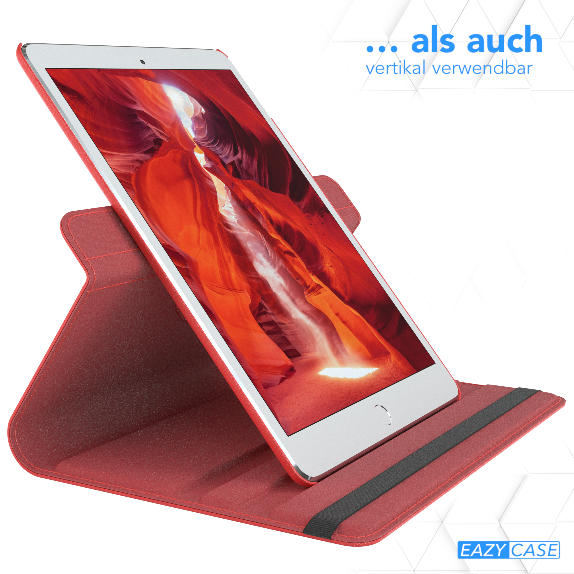 Tablet in roter Hülle. Das Tablet steht auf einem Ständer. Text auf Deutsch oben und unten.