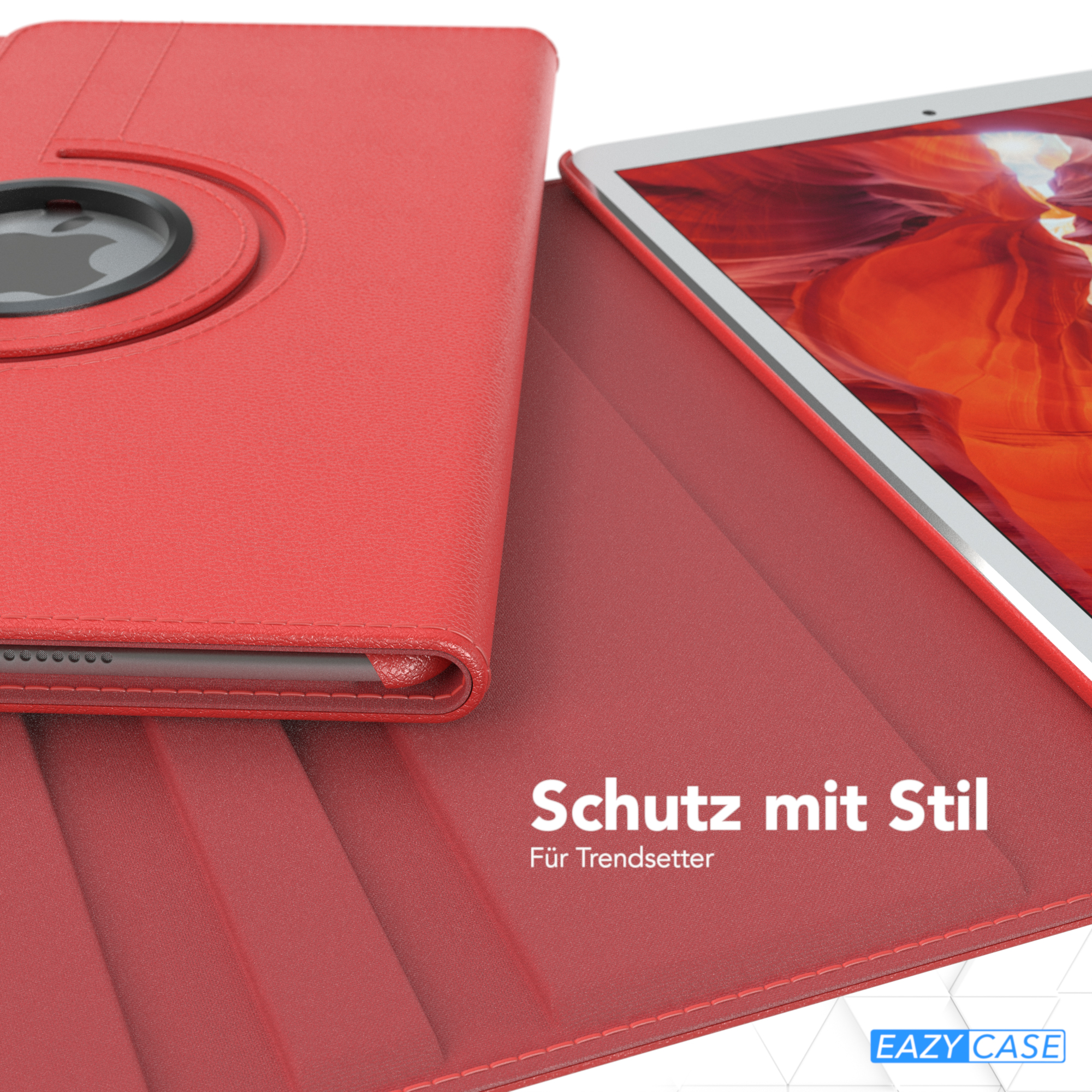 Rote Tablethülle, offen und zeigt das Tablet. Text: Schutz mit Stil.