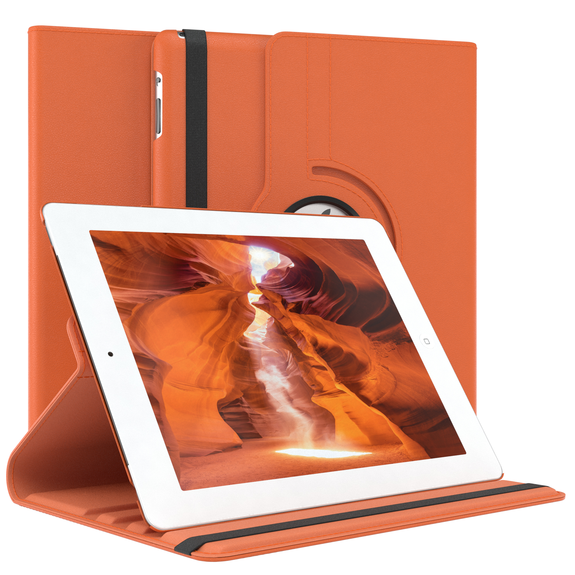 Ein orangefarbenes Tablet in einer Hülle, das ein Bild eines Canyons zeigt. Ein weiteres Tablet befindet sich im Hintergrund.