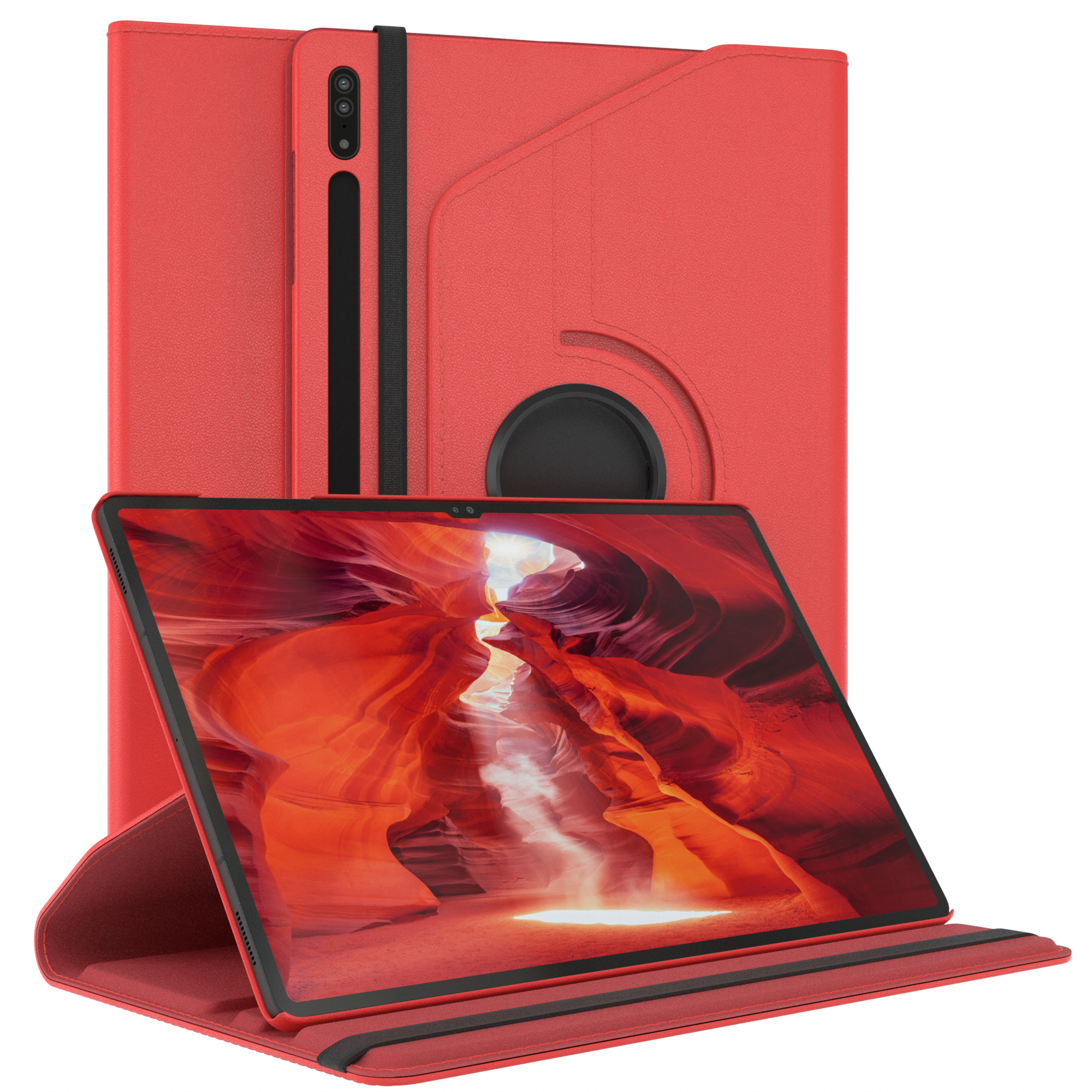 Rote Tablethülle mit schwarzem Riemen. Tablet mit Landschaftsfoto. Hülle ist offen.