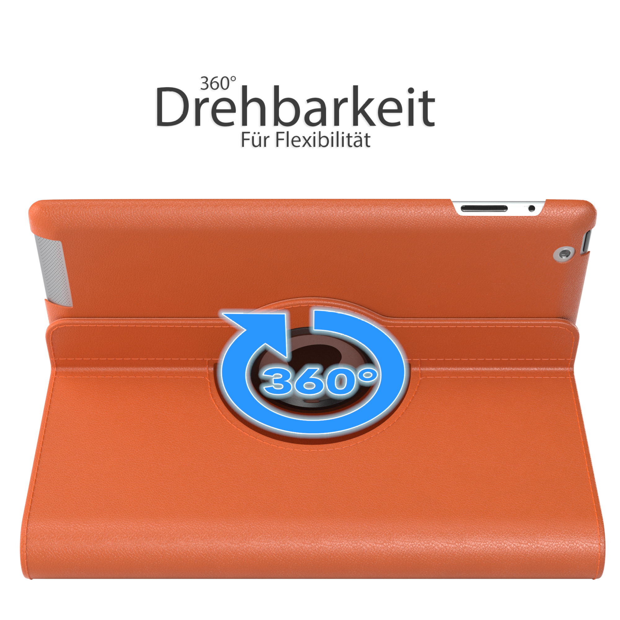 Orangene Tablethülle mit 360-Grad-Drehbarkeit und einem blauen Kreis.