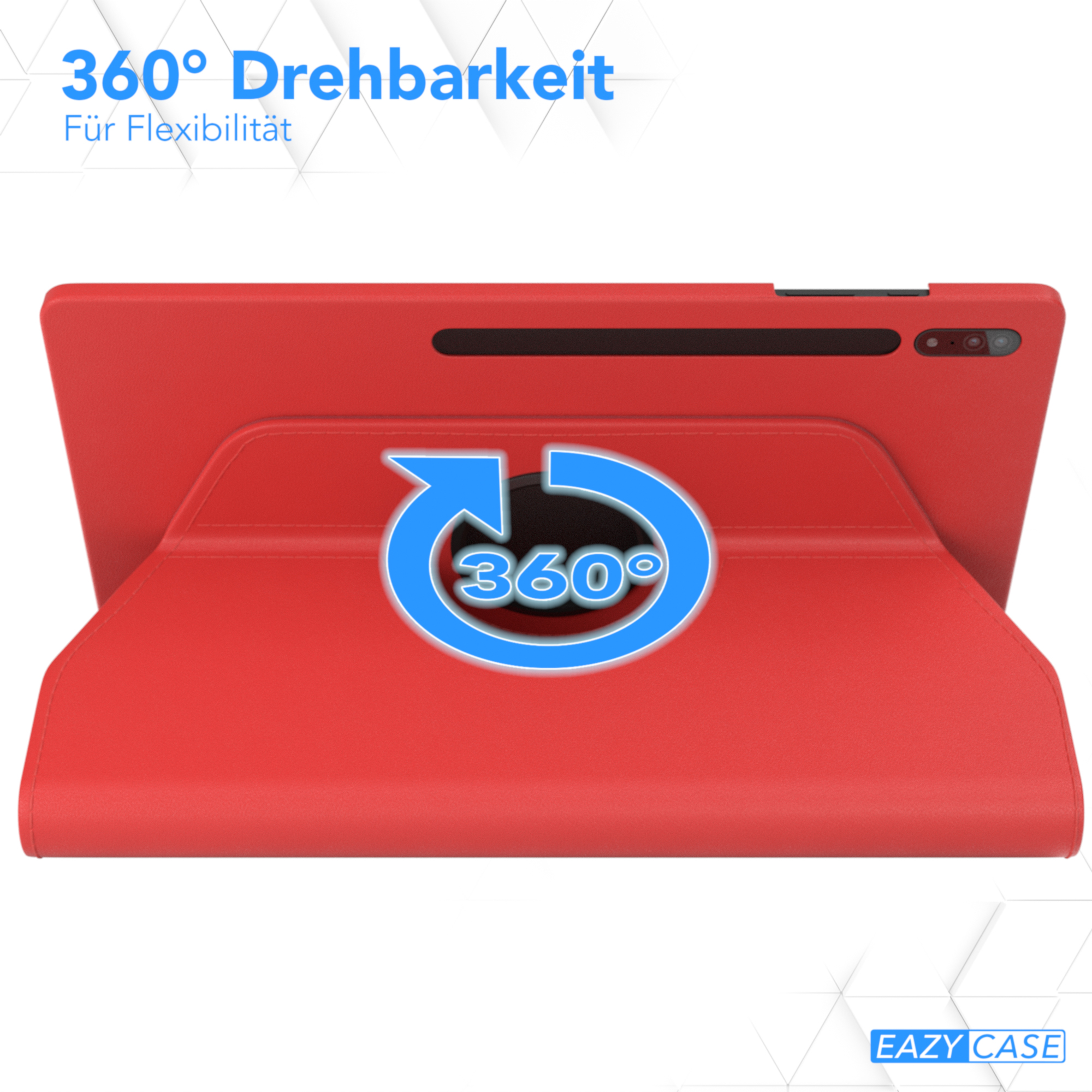 Rote Tablethülle, 360°-Rotationssymbol auf der Rückseite, Text darüber.