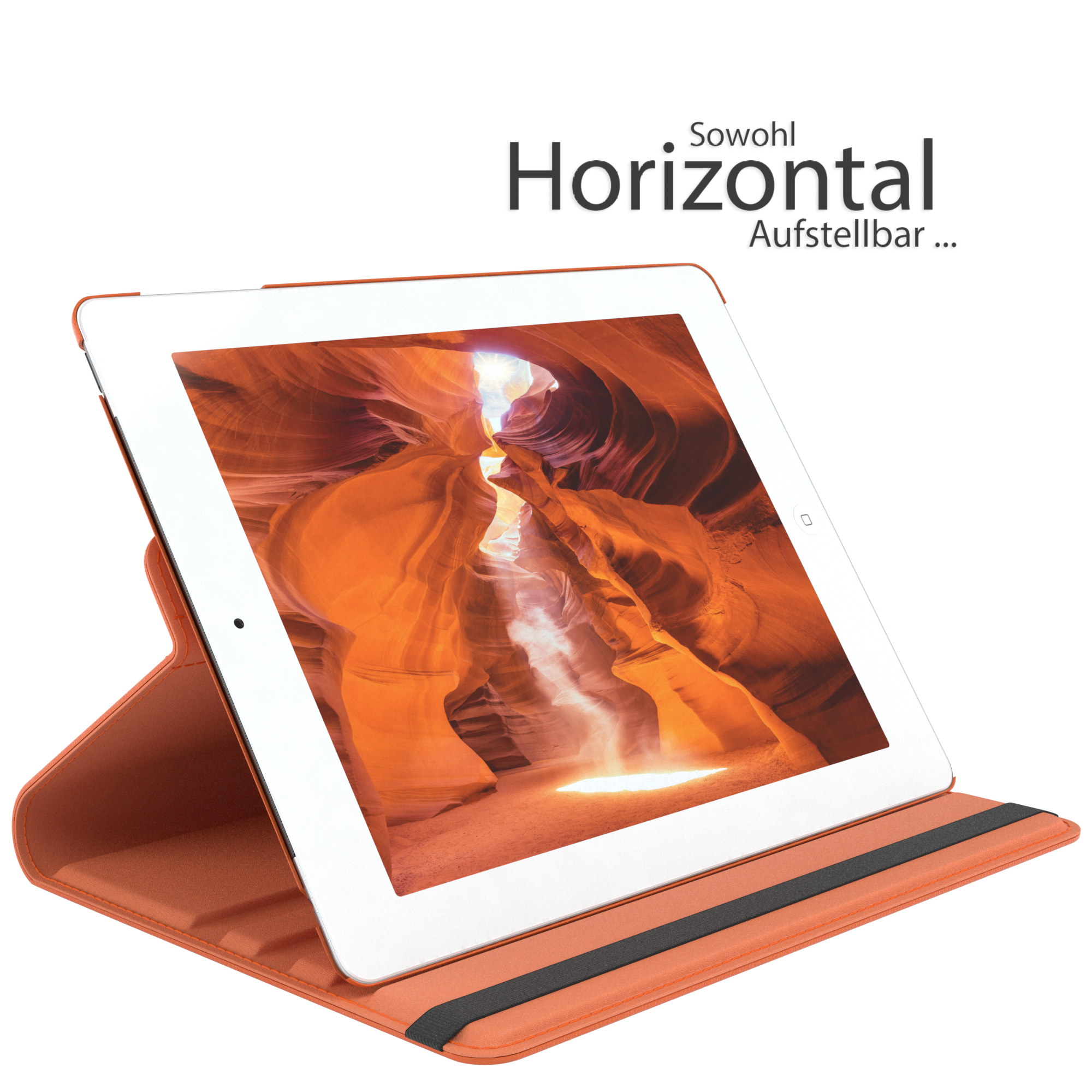Tablet in einem orangen Gehäuse, das eine orangefarbene Canyonlandschaft zeigt, vor weißem Hintergrund.