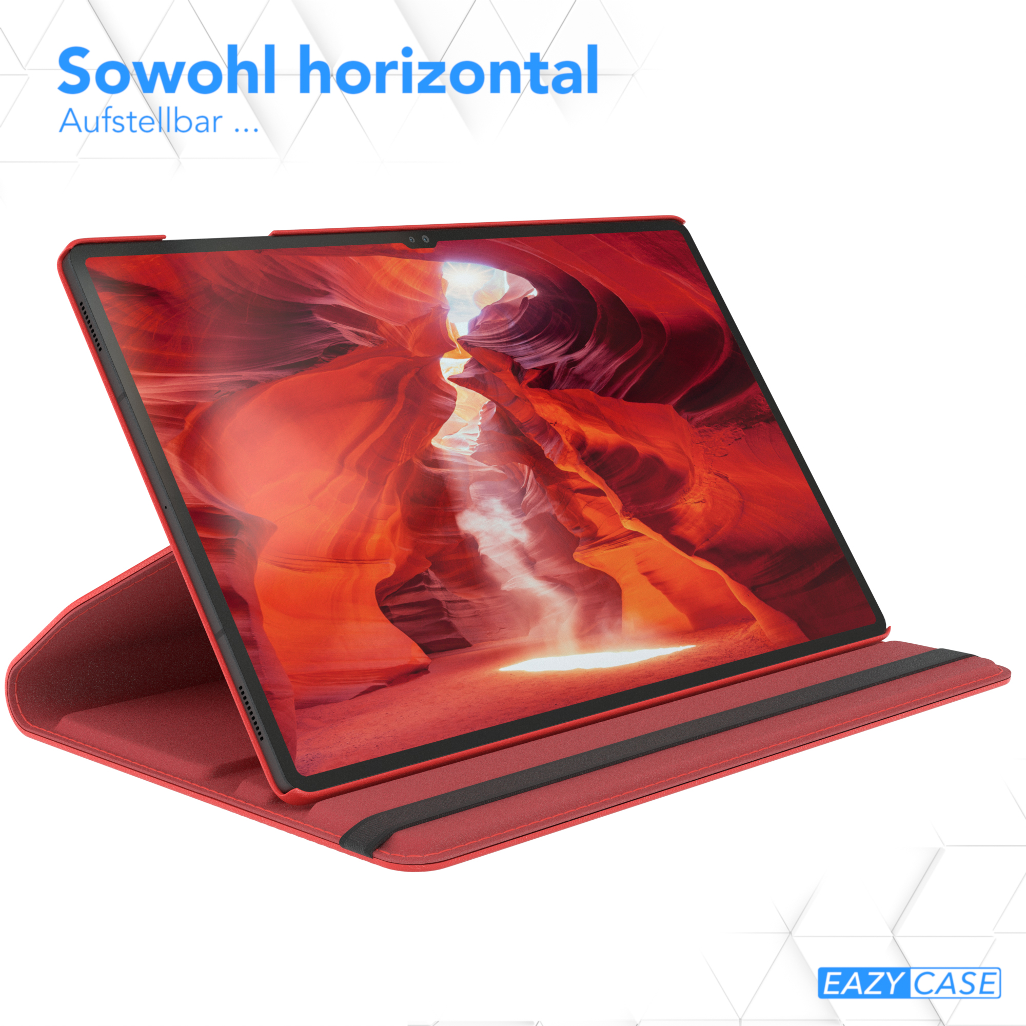 Rotes Tablet in roter Hülle mit Bild eines roten Canyons. Horizontale Ausrichtung, Text oben.