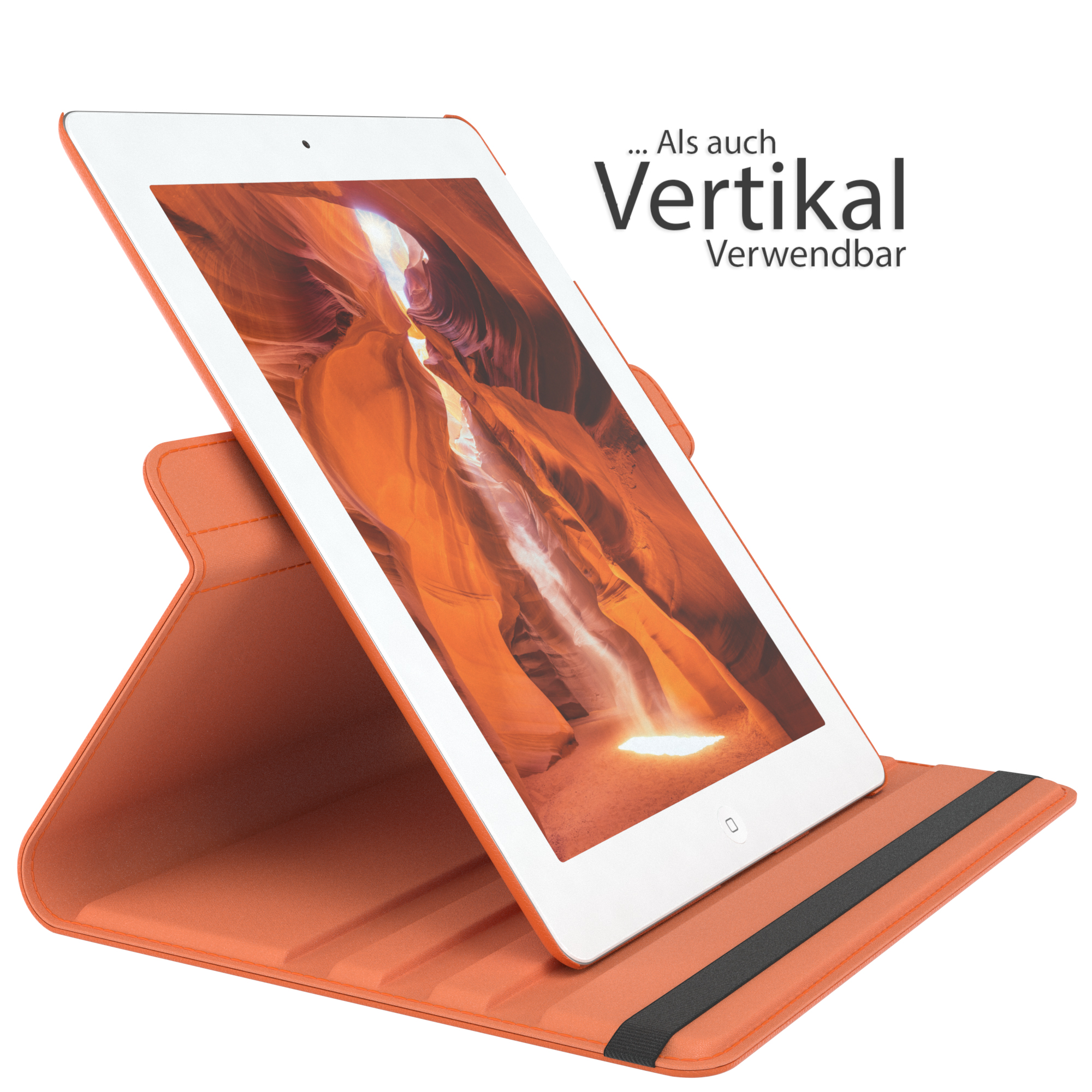 Orangefarbene Tablethülle mit Tablet, das ein Canyon-Bild zeigt, steht aufrecht.