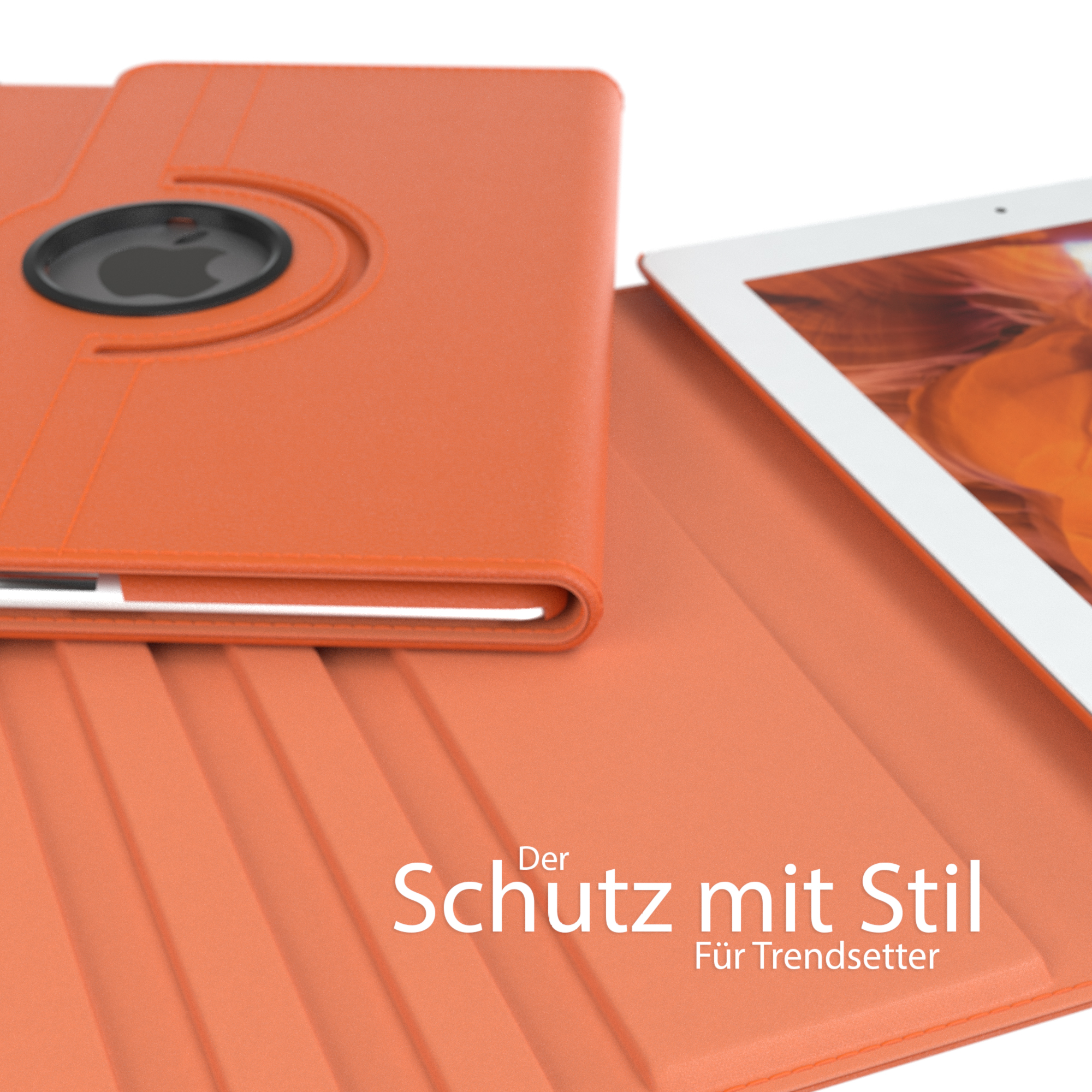 Orangefarbene Tablethülle mit einem iPad darin. Text: Schutz mit Stil Für Trendsetter.