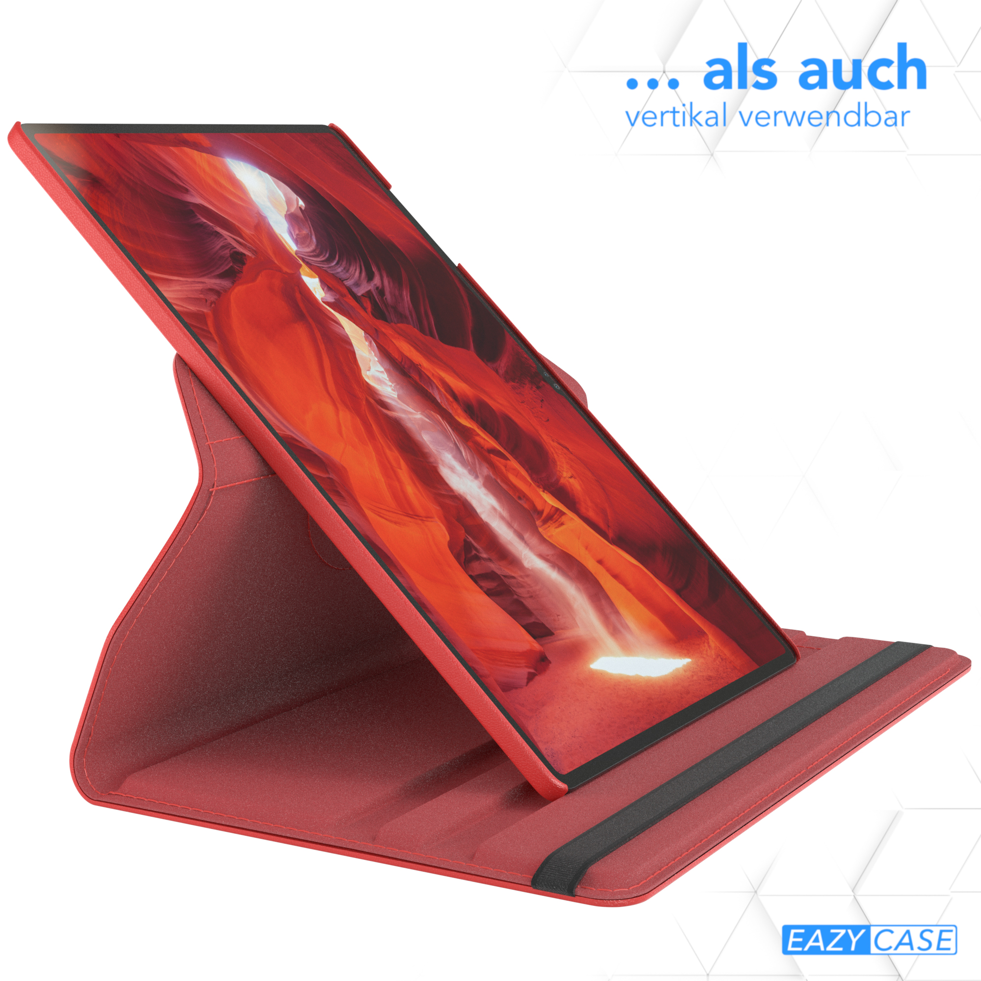 Tablet in rotem Case. Roter Hintergrund mit rotem Design und schwarzem Streifen.