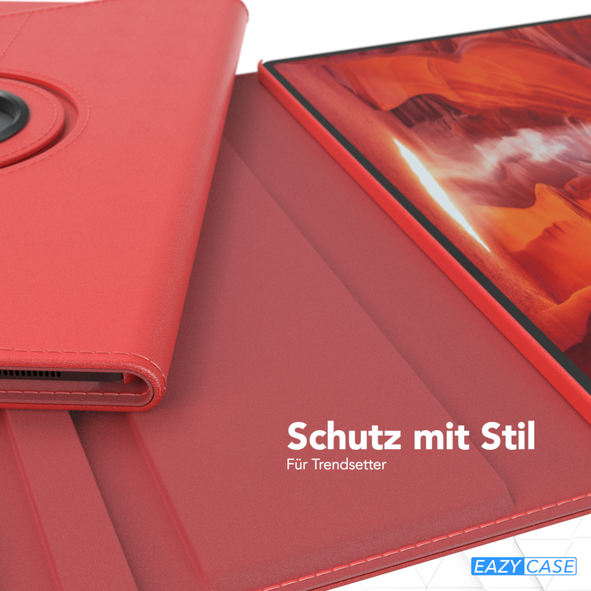 Rote Tablethülle mit roter Abdeckung und schwarzem Rahmen. Das Tablet ist drin, angewinkelt.