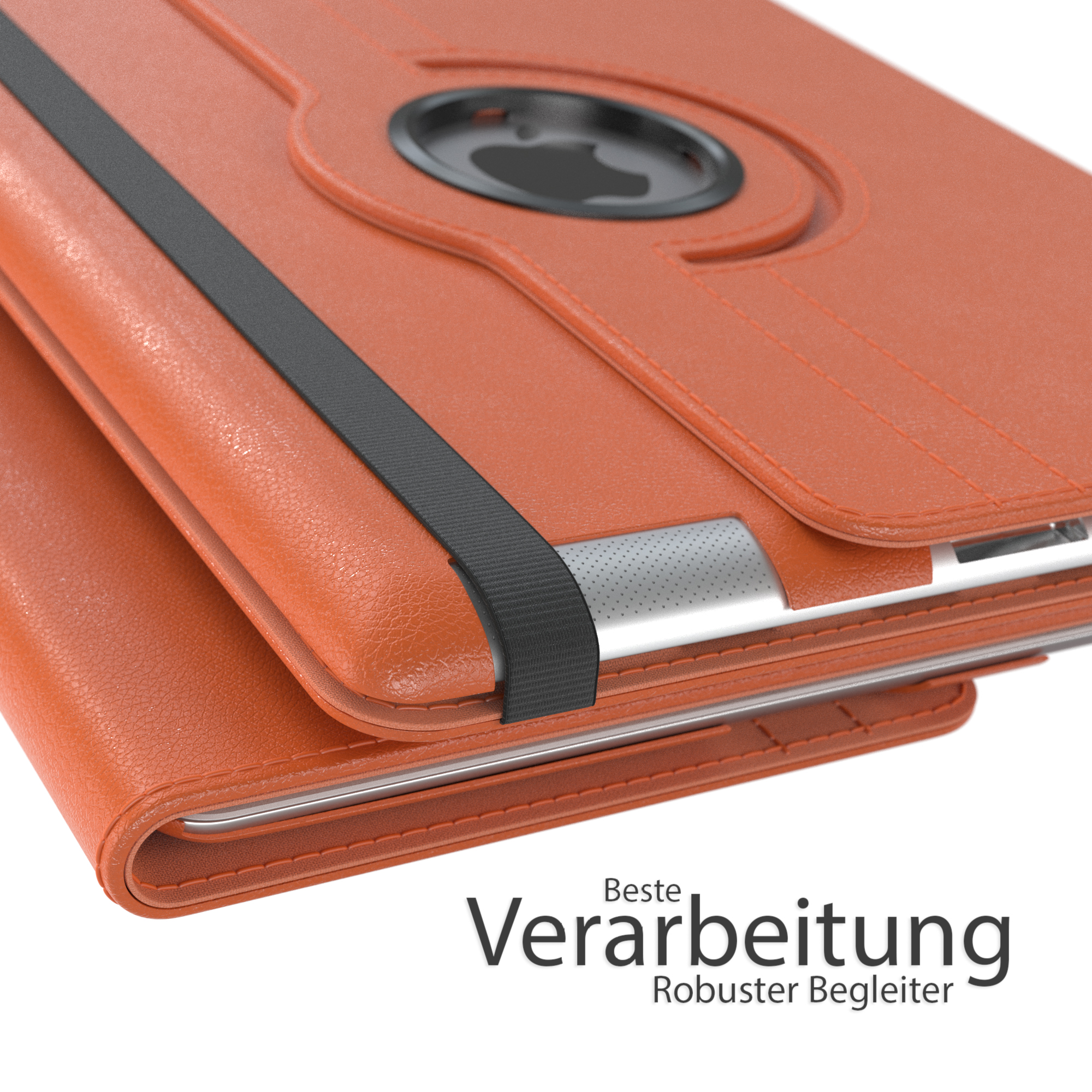Orangenes Lederetui mit schwarzem Riemen. Das Etui ist geschlossen, mit dem Text Beste Verarbeitung.