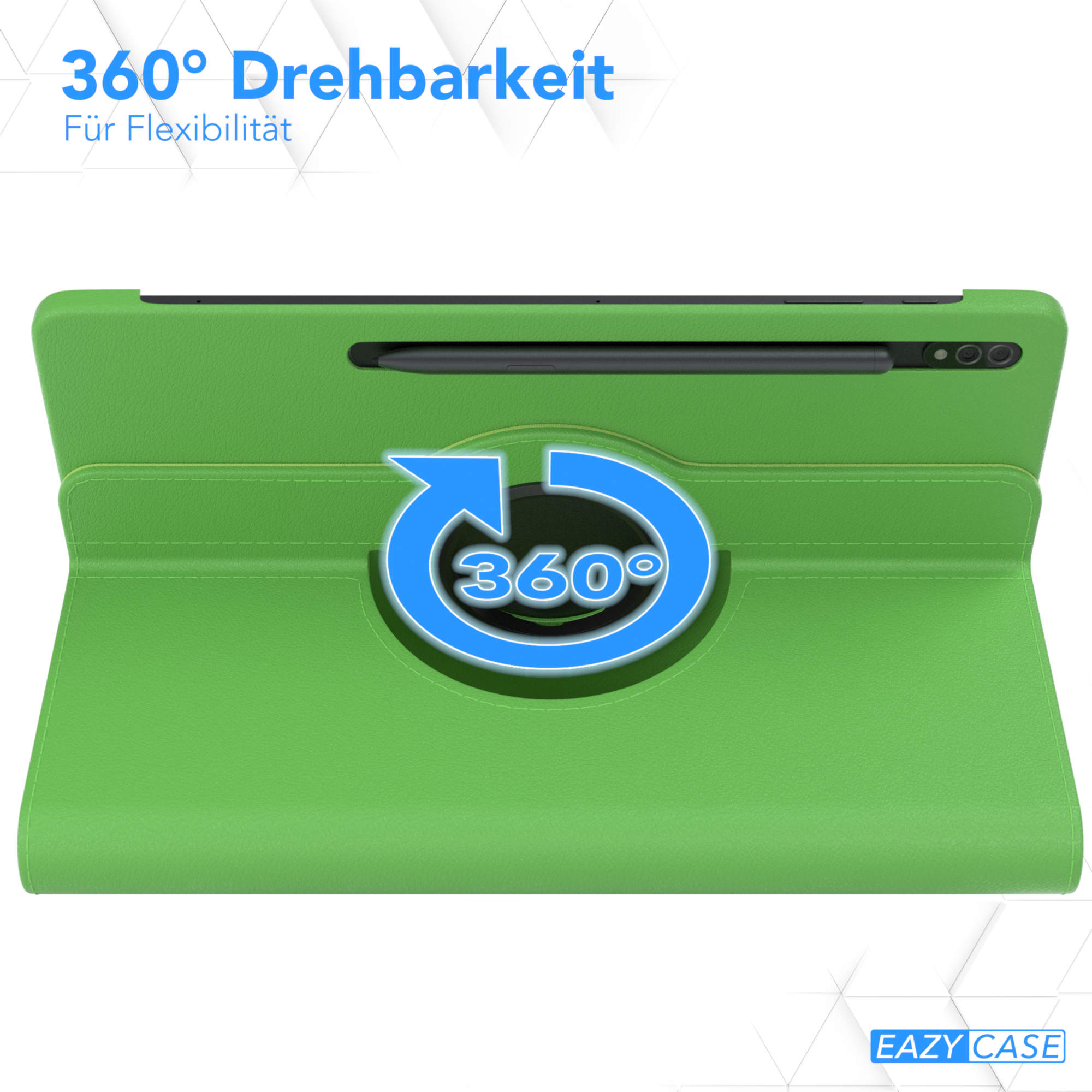 Grüne Tablet-Hülle mit Stift und drehendem Pfeil. Text: '360° Drehbarkeit Für Flexibilität'.