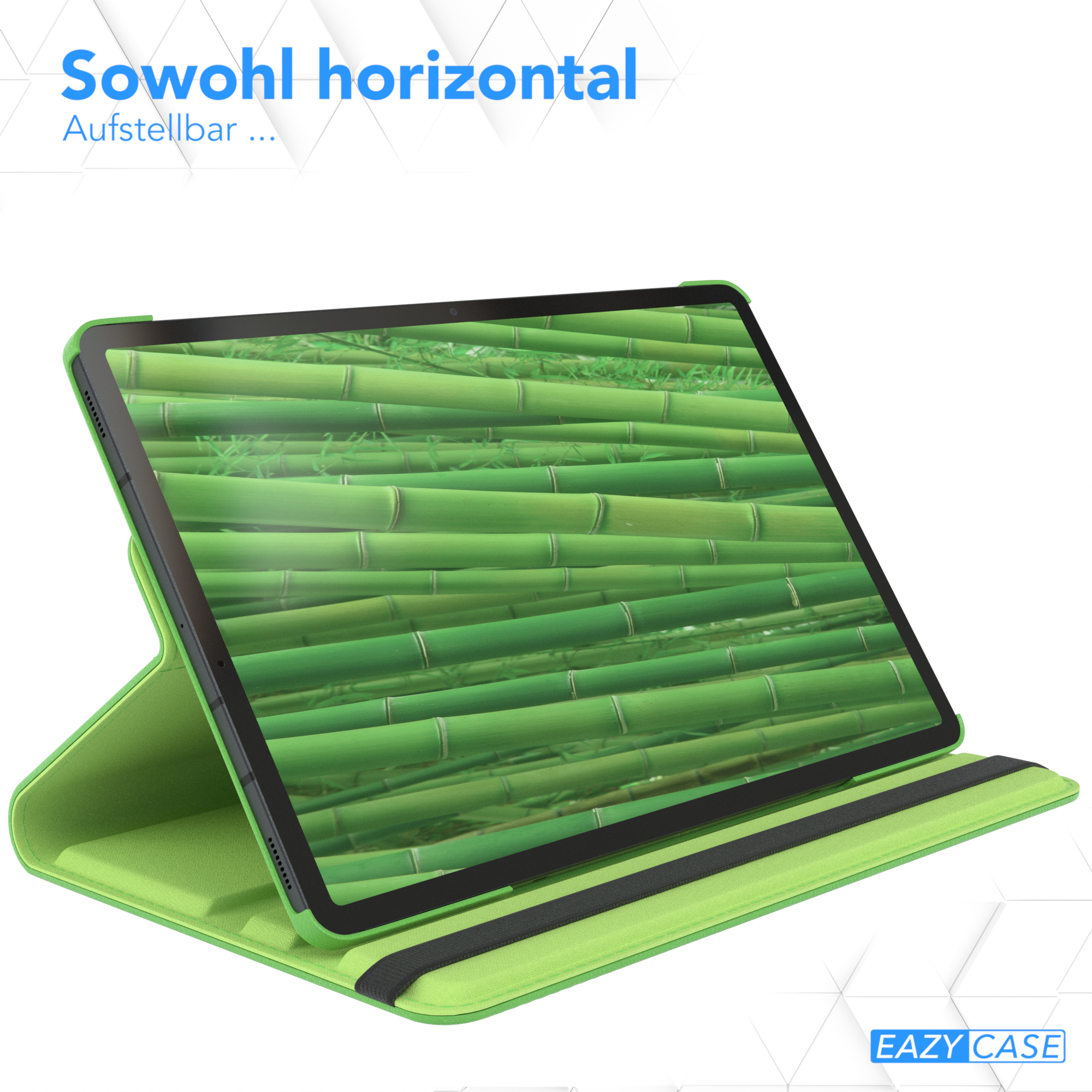 Grüne Tablet-Hülle mit Bambushintergrund, in horizontaler Position.