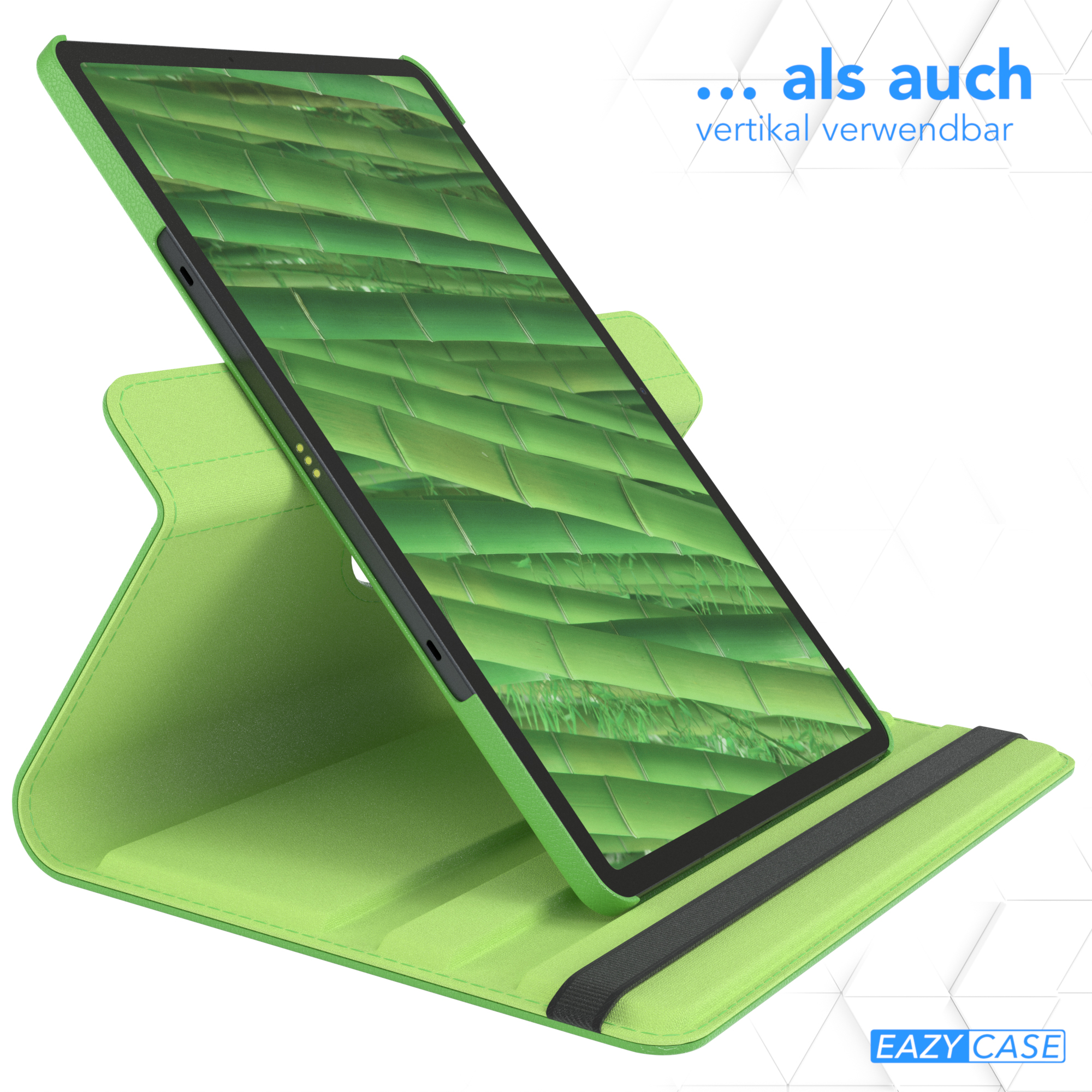Grüne Tablethülle mit Tablet im Ständer, grüne Szene zeigend.