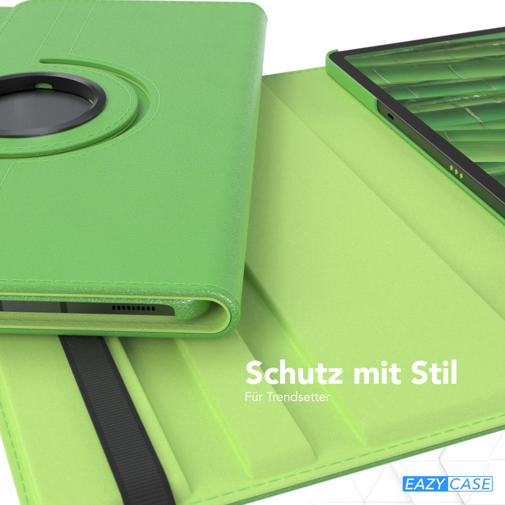 Geöffnete grüne Tablethülle, die ein Tablet zeigt. Grünes Gehäuse und schwarzer Riemen.