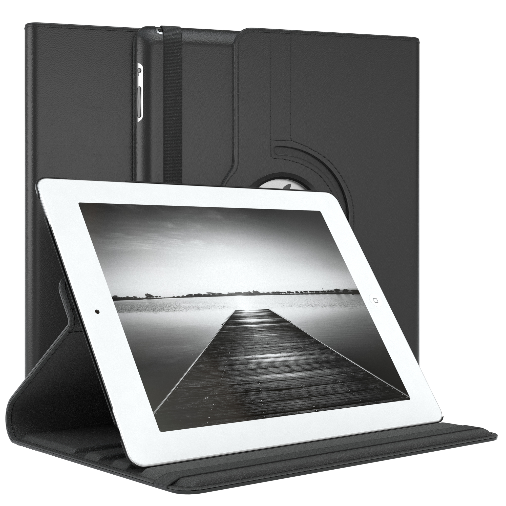 Schwarze Tablet-Hülle mit Tablet, das einen Pier zeigt. Eine andere Hülle dahinter.