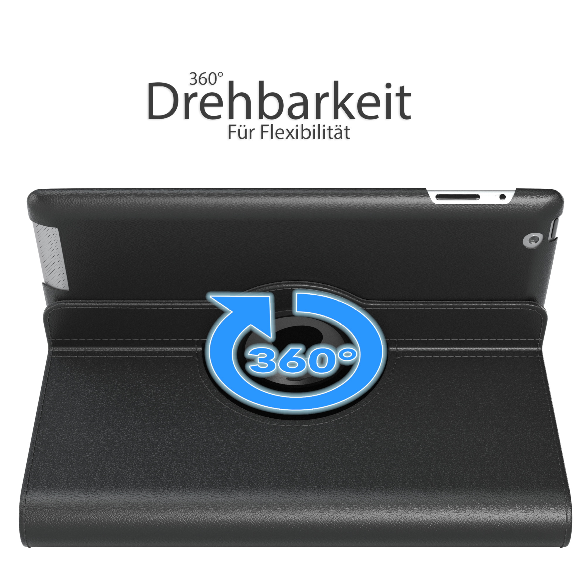 Eine schwarze Tablethülle mit Drehfunktion wird angezeigt. Der Text lautet: '360° Drehbarkeit Für Flexibilität'.