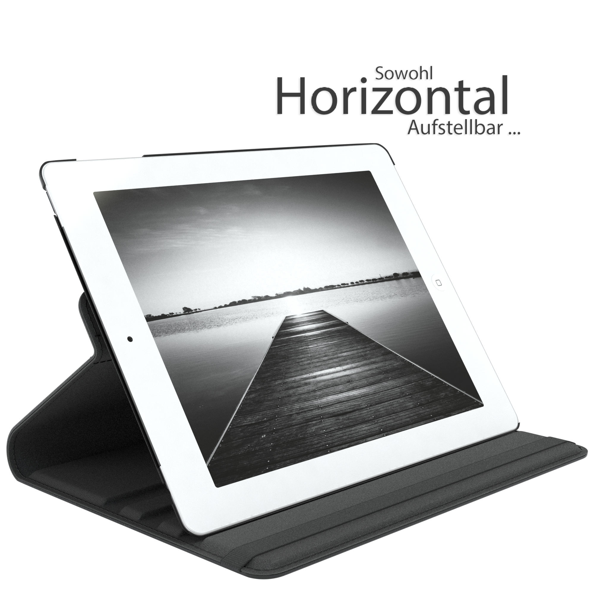 Tablet in schwarzem Gehäuse, horizontal auf schwarzem Ständer.