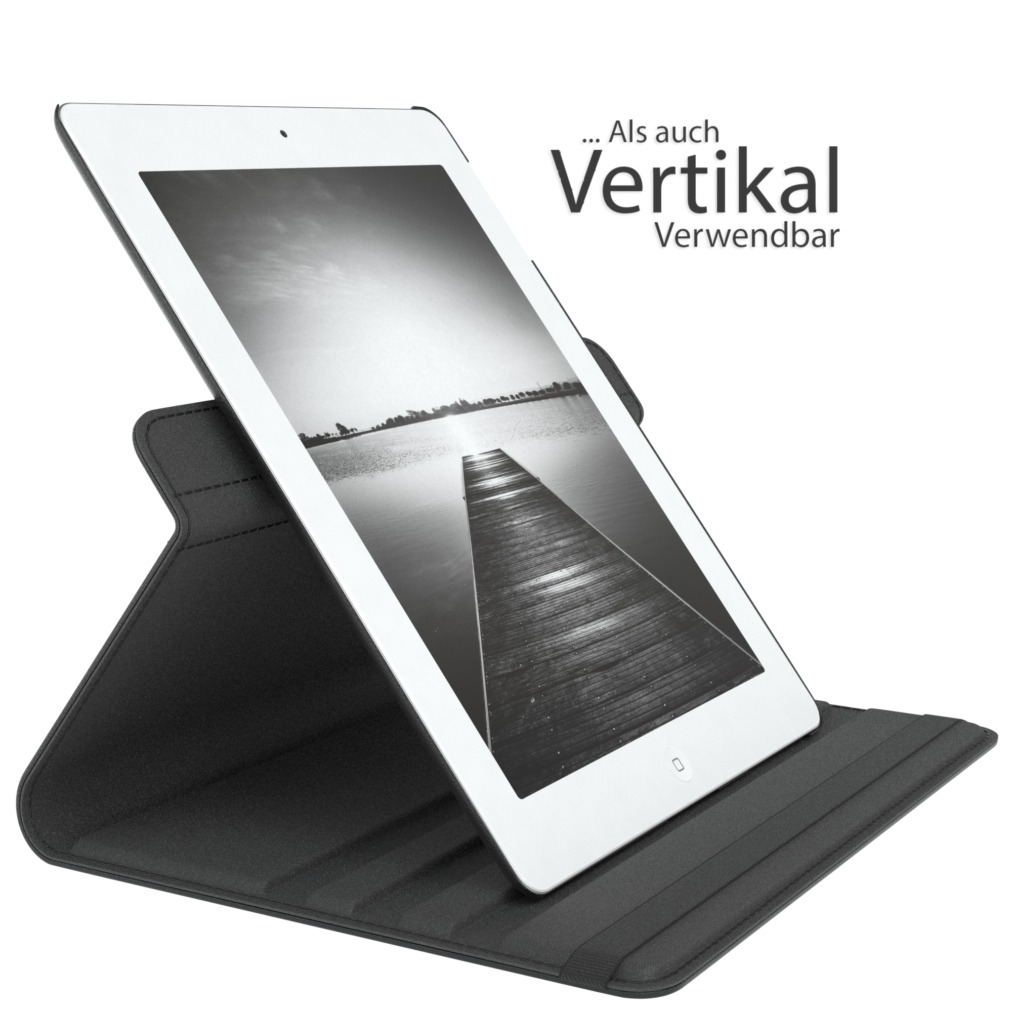 Tablet in schwarzem Gehäuse, vertikale Anzeige. Das Gehäuse ist geöffnet, mit einem Bild eines Piers auf dem Bildschirm.