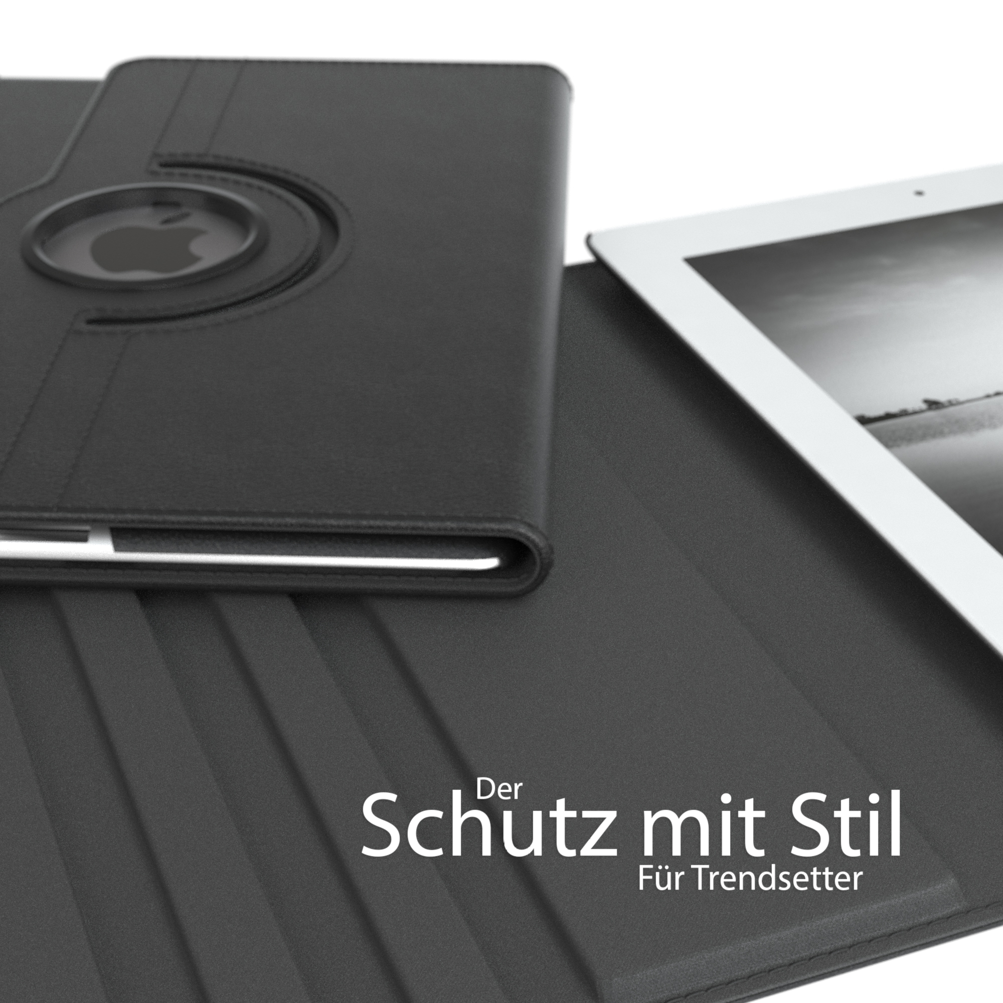 Tablet in schwarzem Gehäuse, in einer offenen schwarzen Abdeckung. Ein Logo ist auf der Abdeckung sichtbar.