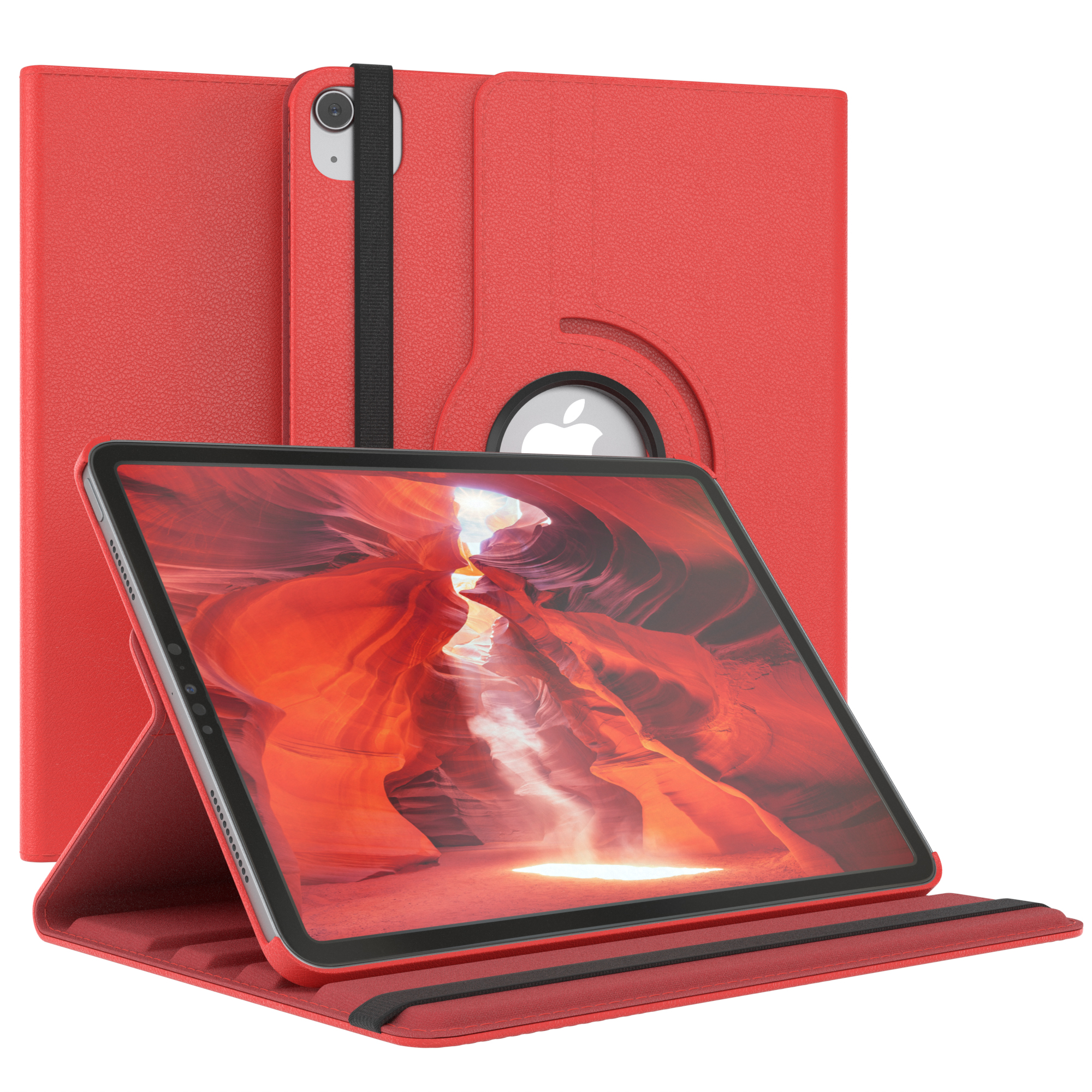 Rote Tablet-Hülle mit schwarzem Riemen, mit einem Tablet, das eine Landschaft zeigt.