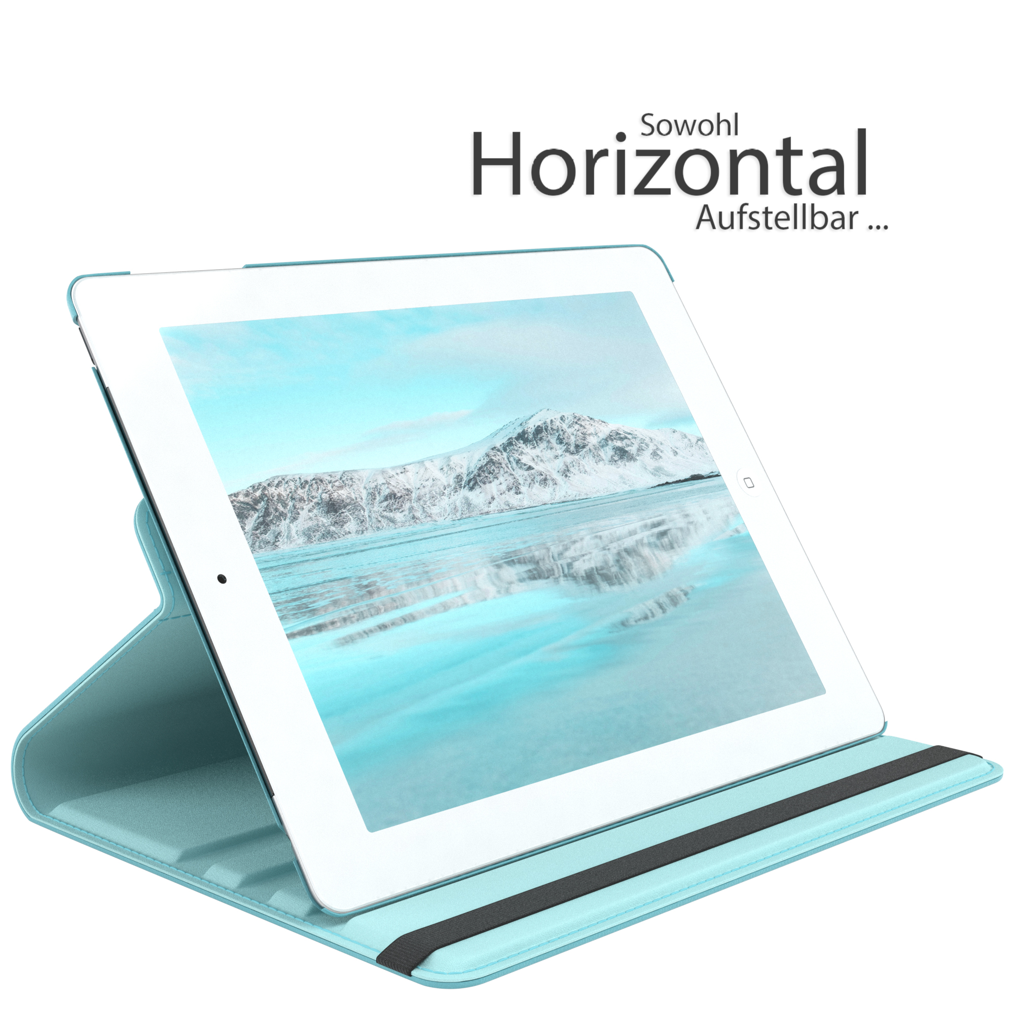 Eine türkisblaue Tablethülle mit einem Tablet, das eine schneebedeckte Berglandschaft zeigt.