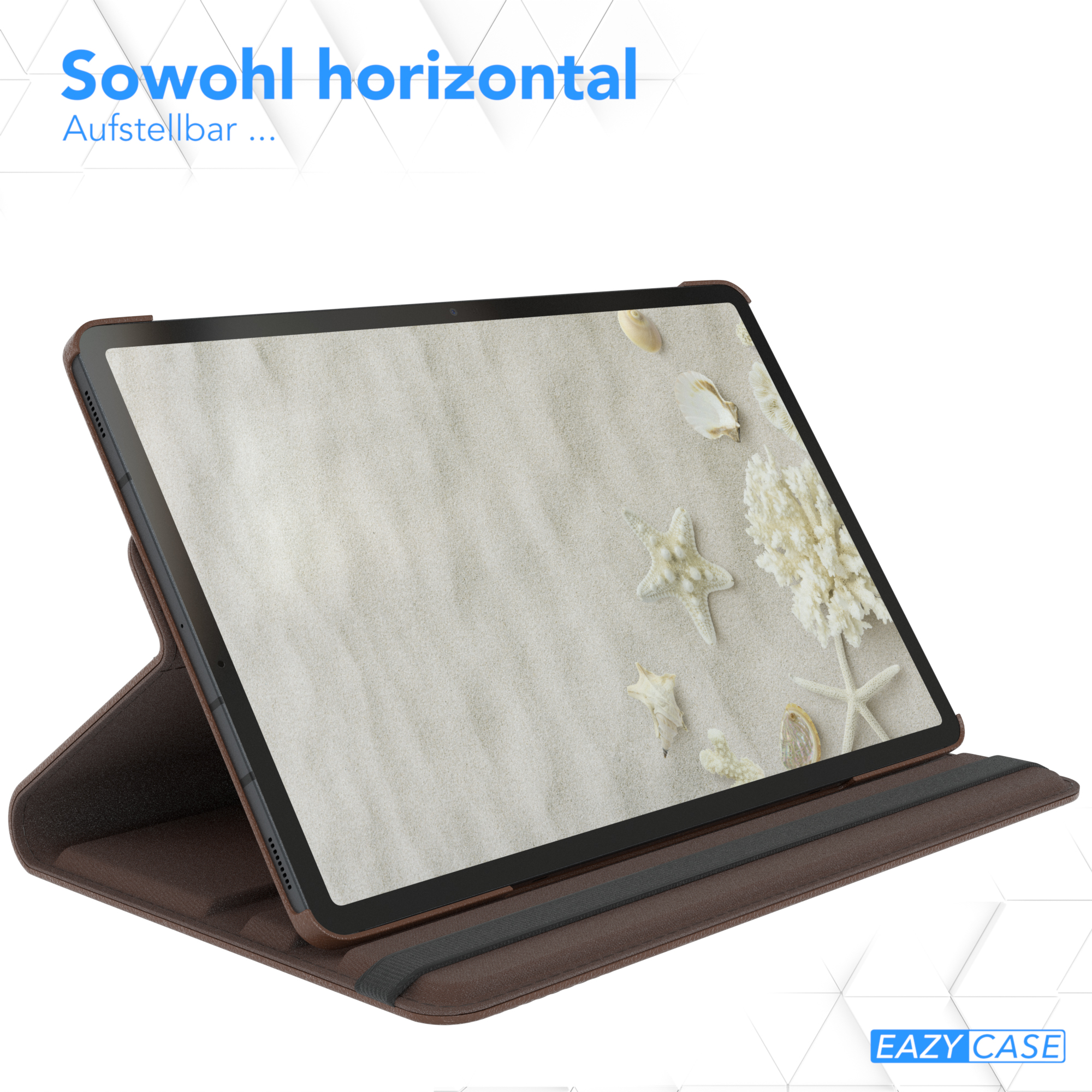 Tablet mit Strandbild auf dem Bildschirm, gehalten in einer braunen Hülle, die zum Aufstellen gefaltet werden kann.