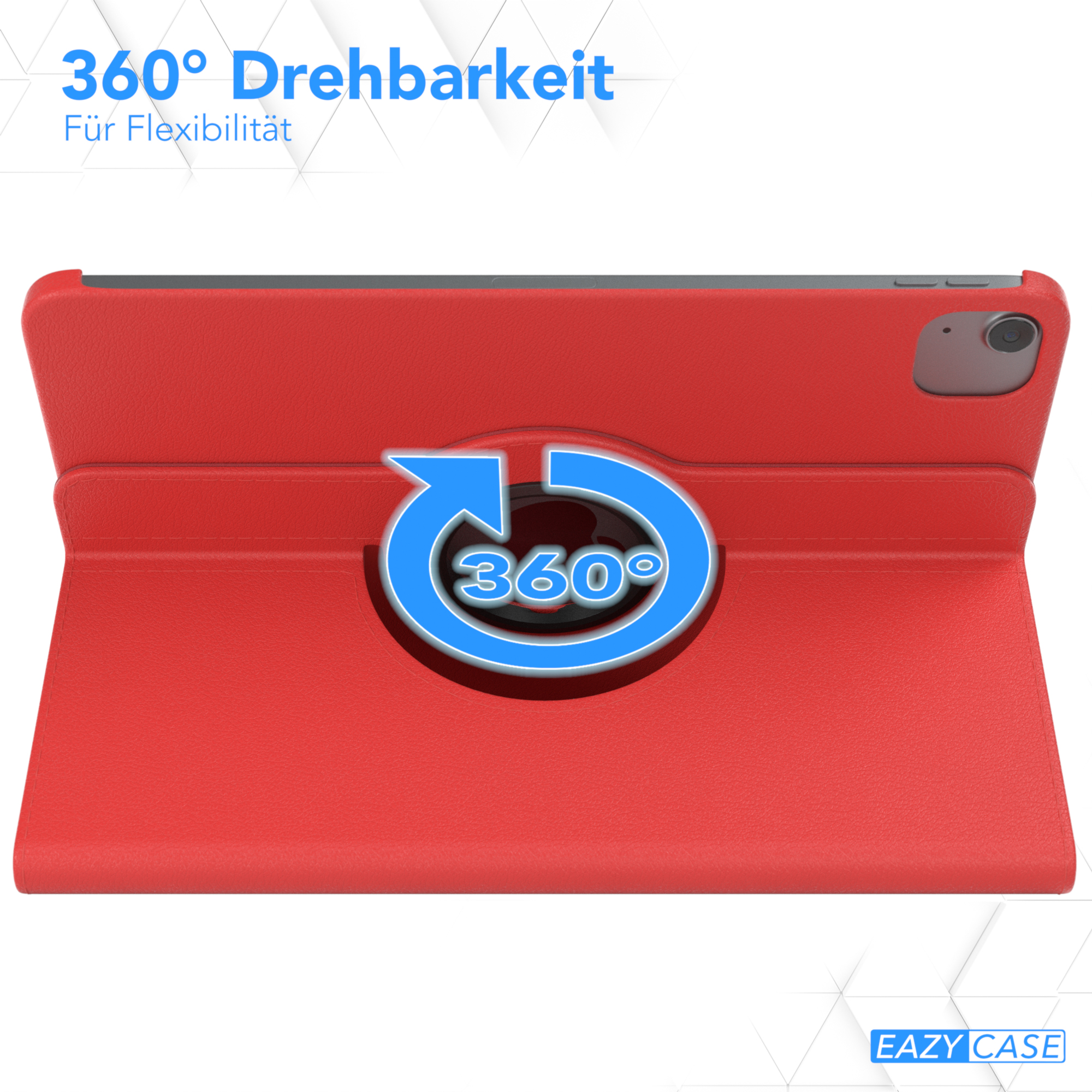 Rote Tablethülle mit 360°-Drehfunktion, mit blauem Pfeilsymbol und EAZY CASE Logo.
