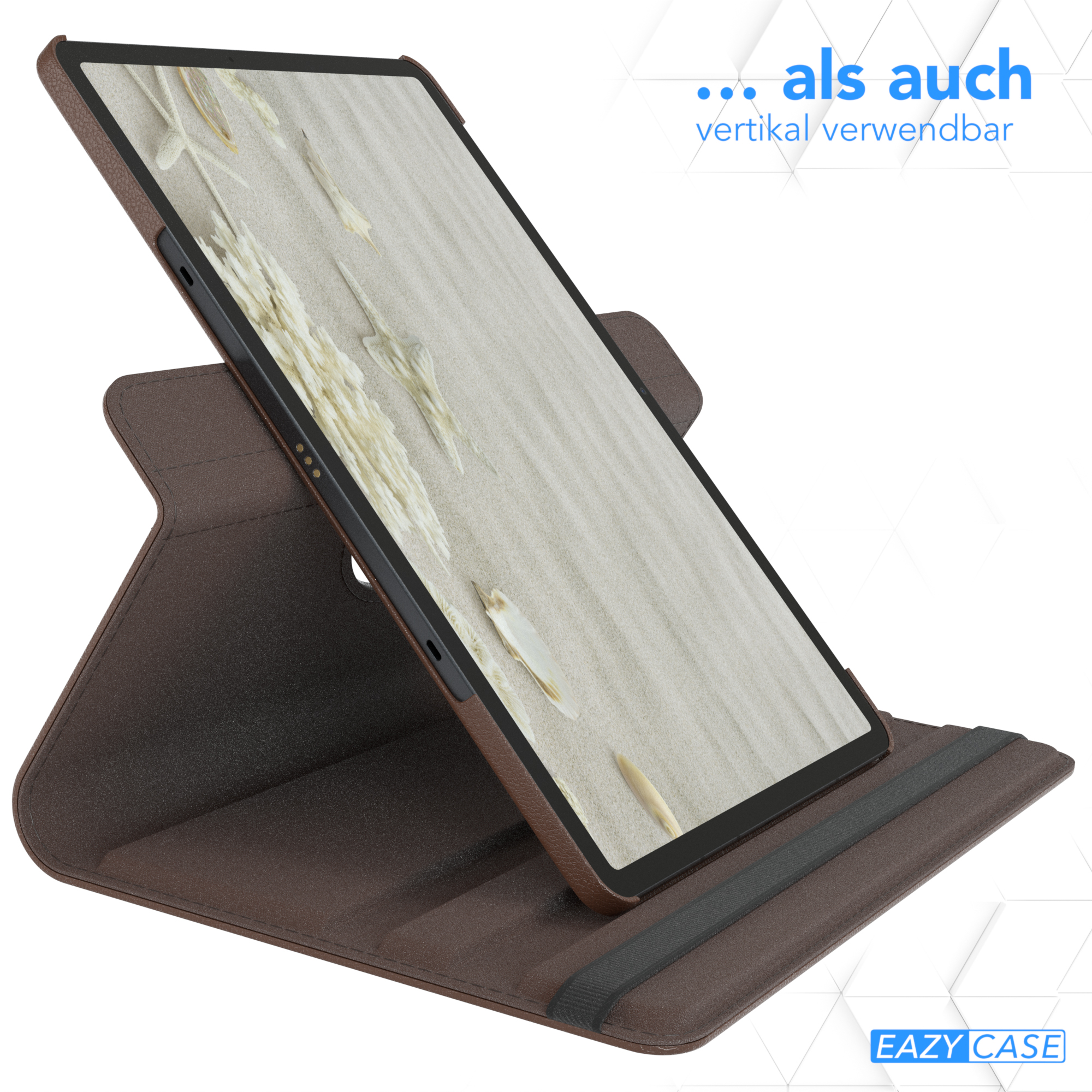 Tablet in einer braunen Hülle, aufgestellt. Der Bildschirm zeigt ein Bild eines Sandstrandes.