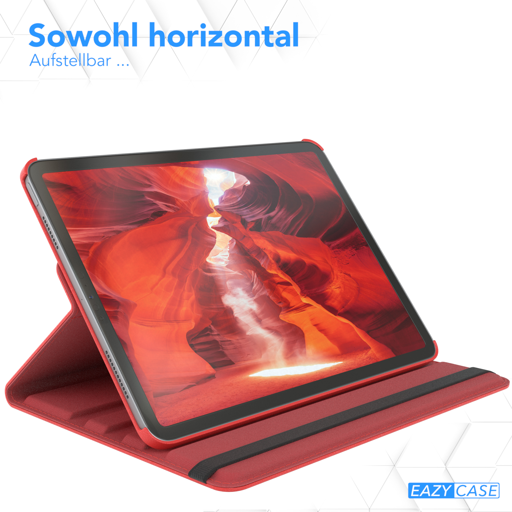 Ein rotes Tablet in einer roten Hülle. Die Hülle ist in einem Ständer aufgestellt.