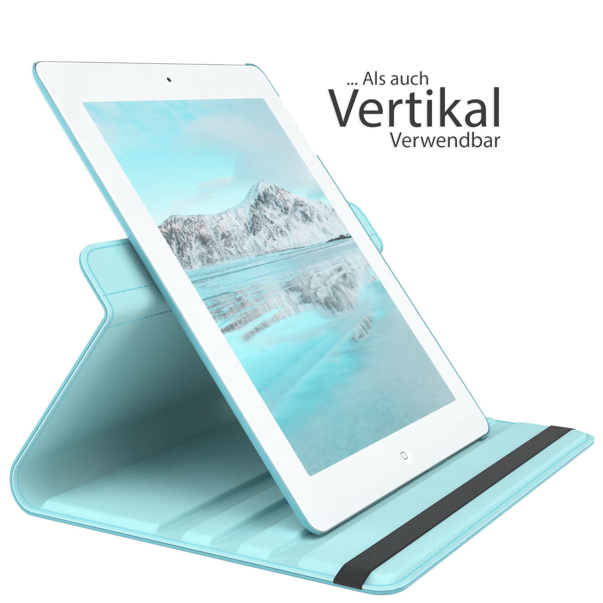 Ein blaues Tablet mit hellblauem Case in Standposition, mit Schneelandschaft.