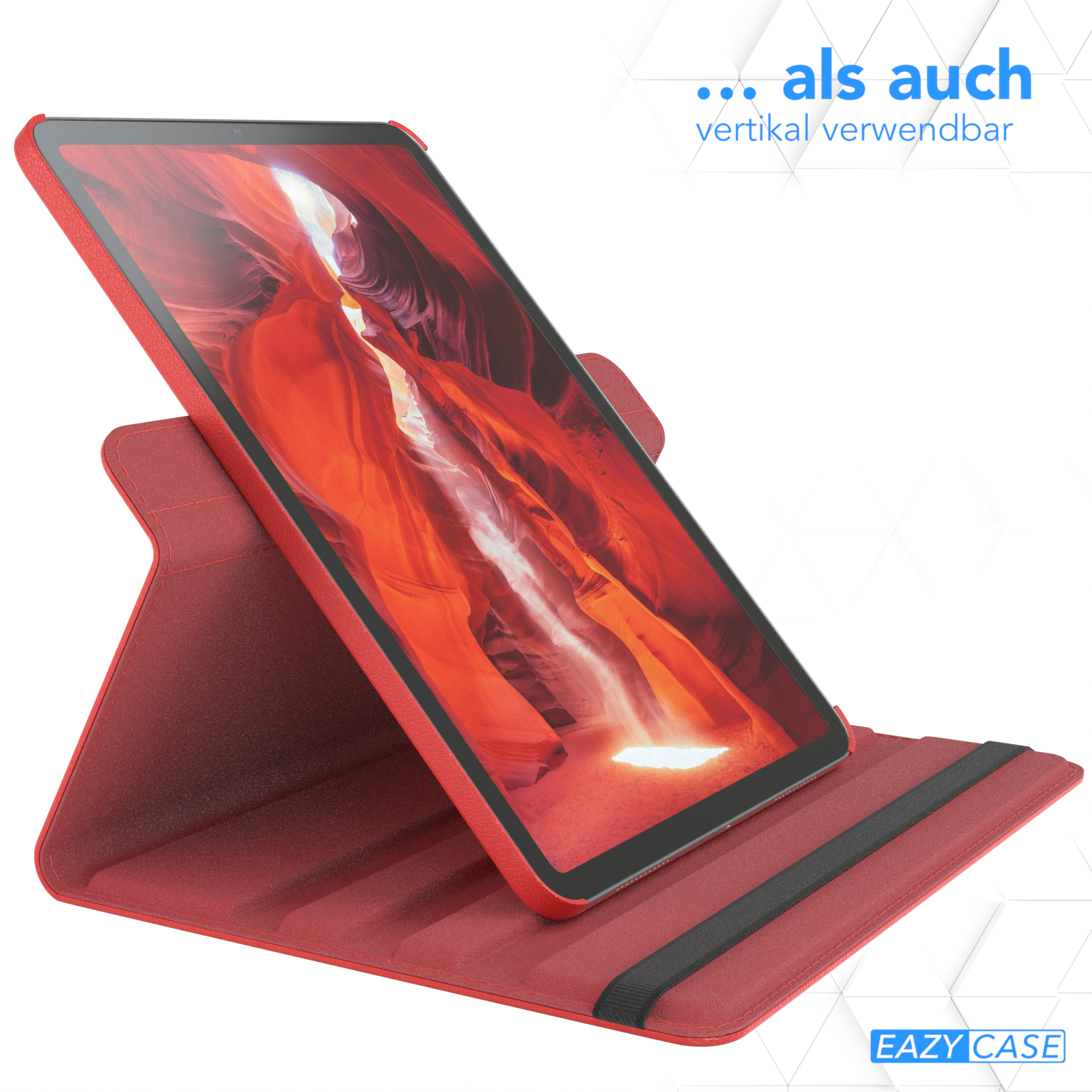 Ein rotes Tablet in roter Hülle, auf weißem Untergrund, Text oben in Deutsch.