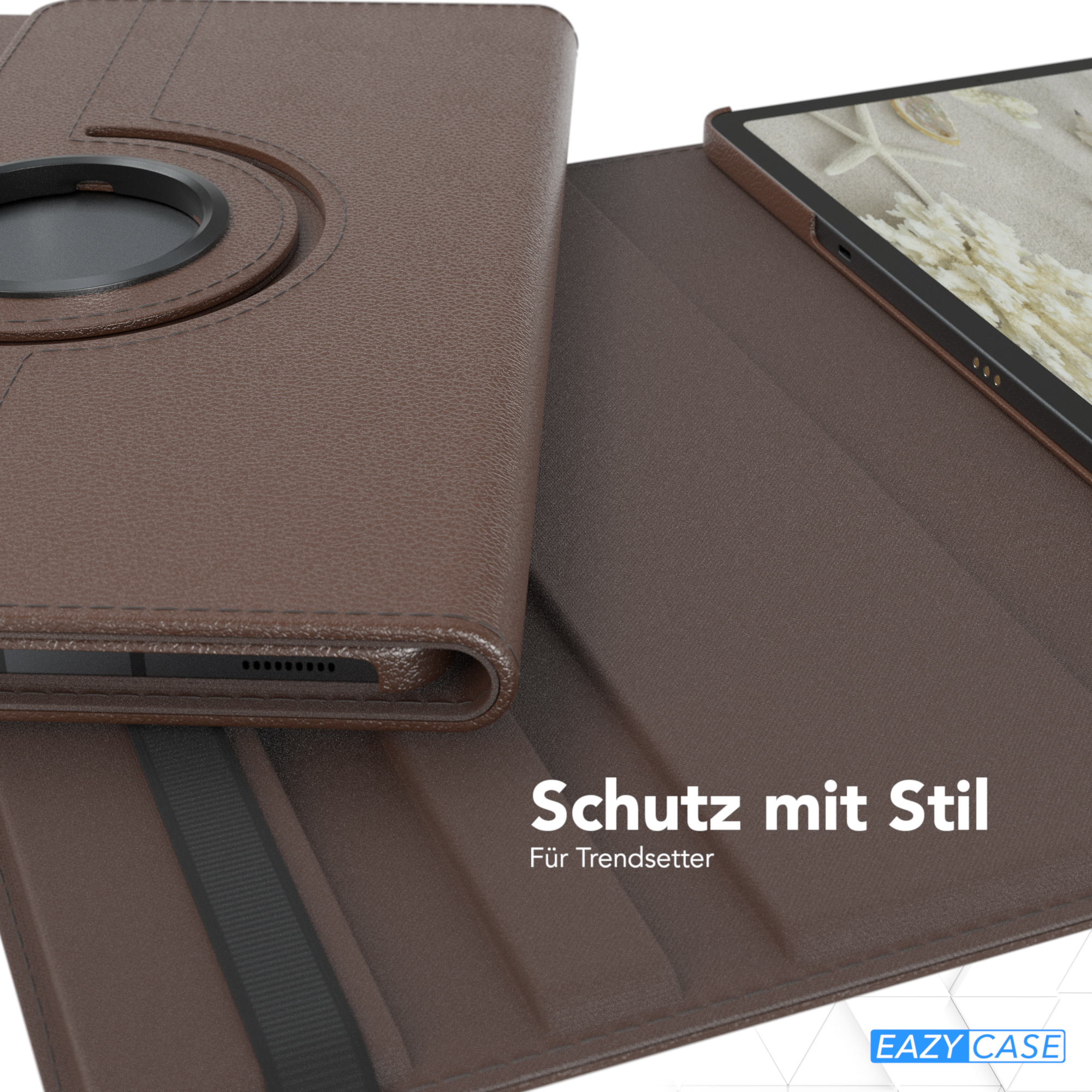 Braune Tablethülle geöffnet. Das Tablet ist darin. Text sagt Schutz mit Stil.