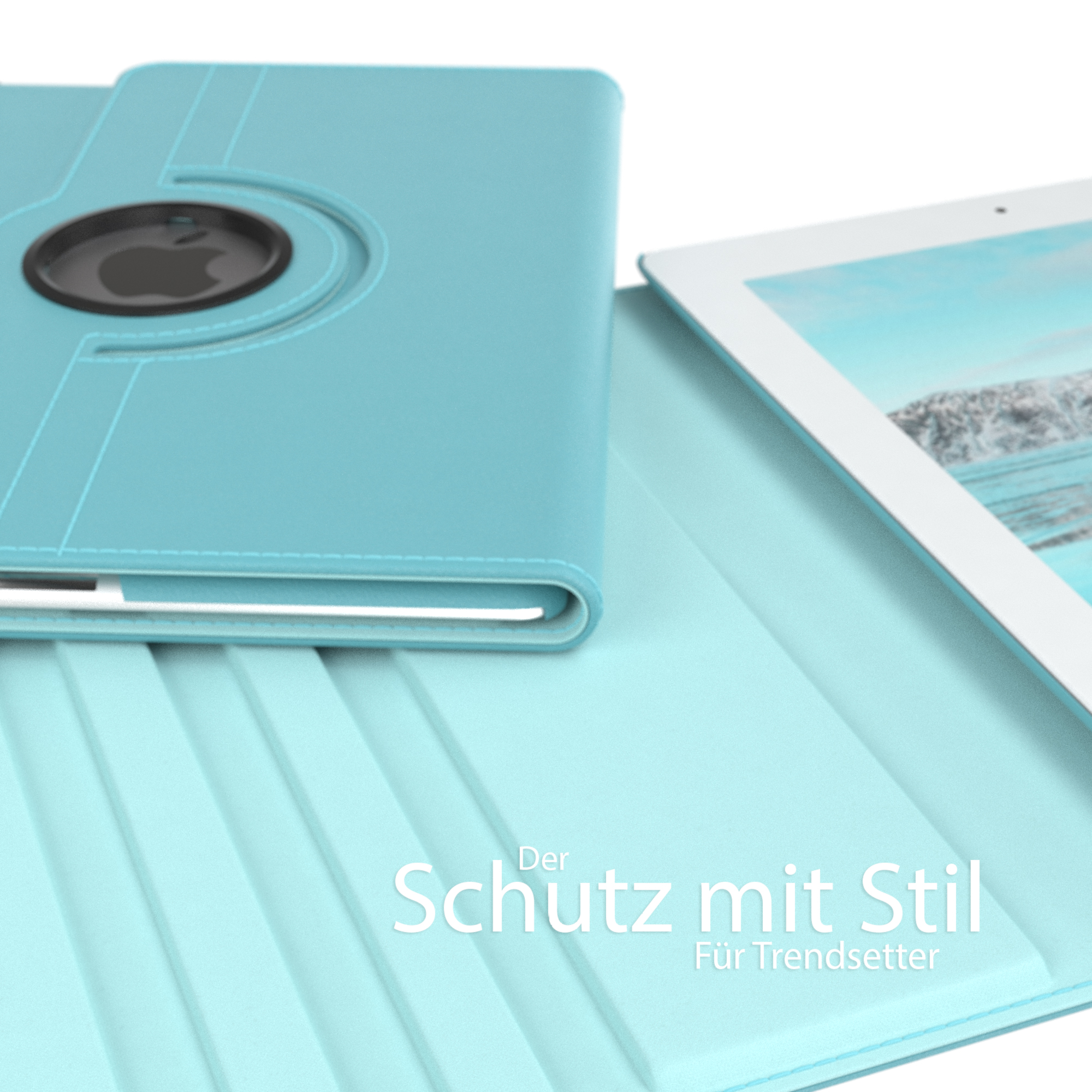 Blaue Tablethülle mit schwarzem Apple-Logo.