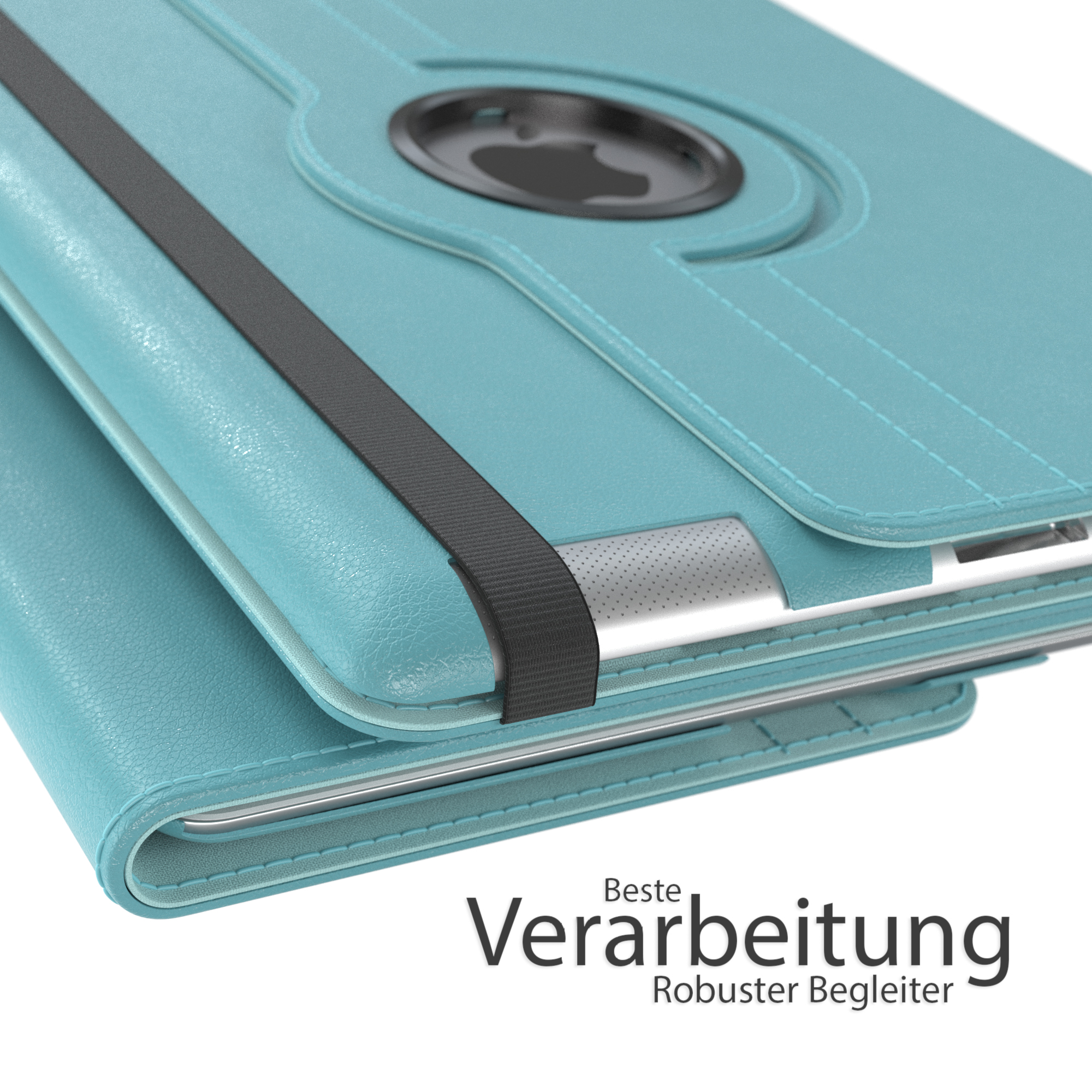 Eine hellblaue Tablethülle mit schwarzem Gummiband und dem Text 'Beste Verarbeitung'.