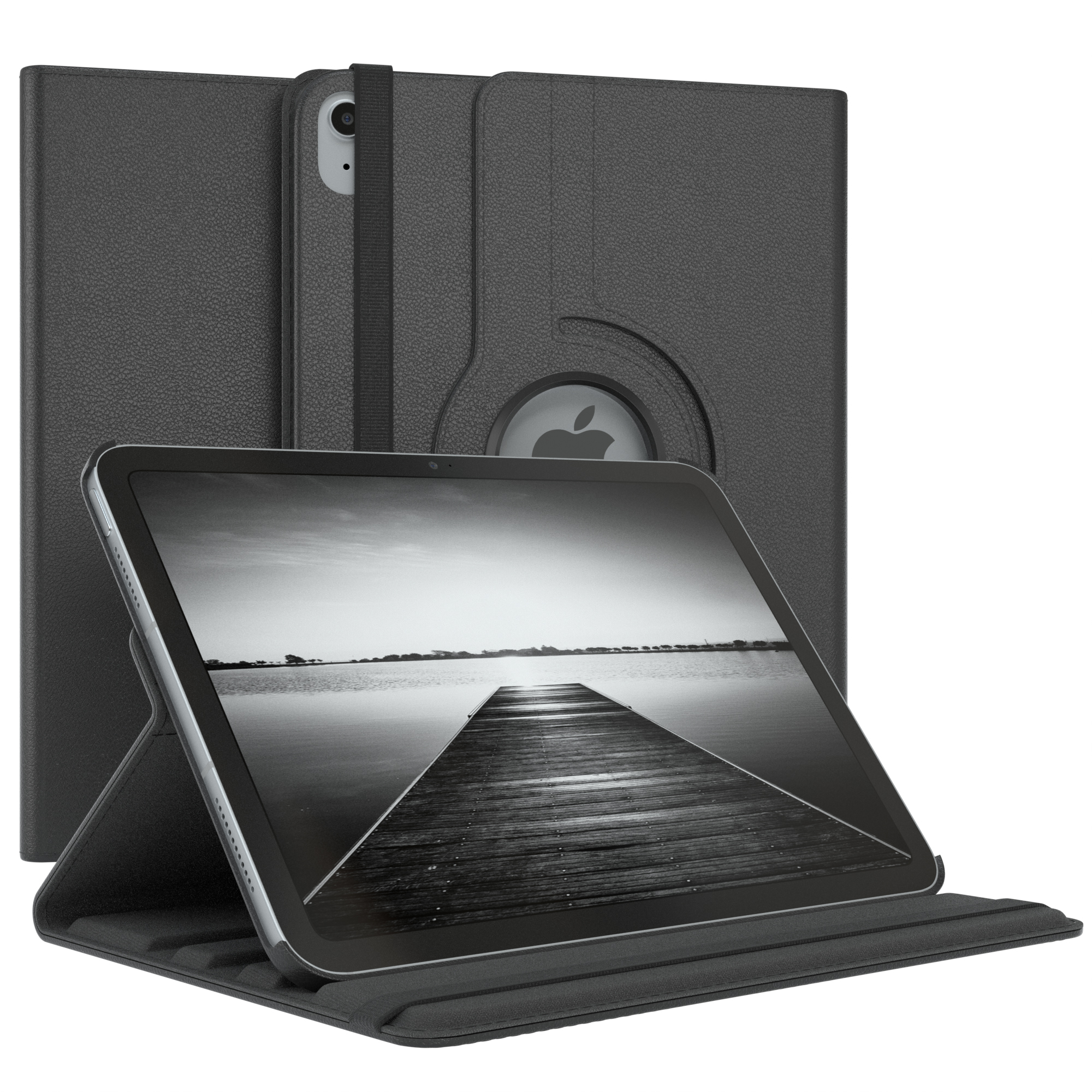 Schwarze iPad-Hülle. iPad in der Hülle und Blick auf einen Steg über einem See.