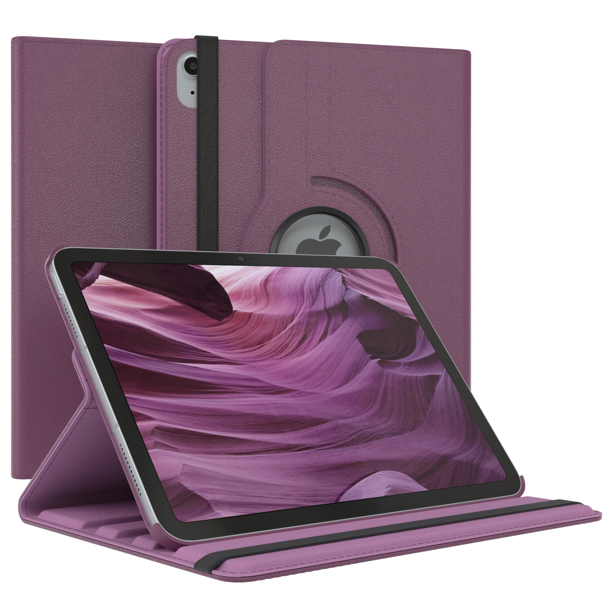 Lila Tablet in einer Hülle. Zeigt ein lila Bild. Hülle ist geöffnet.