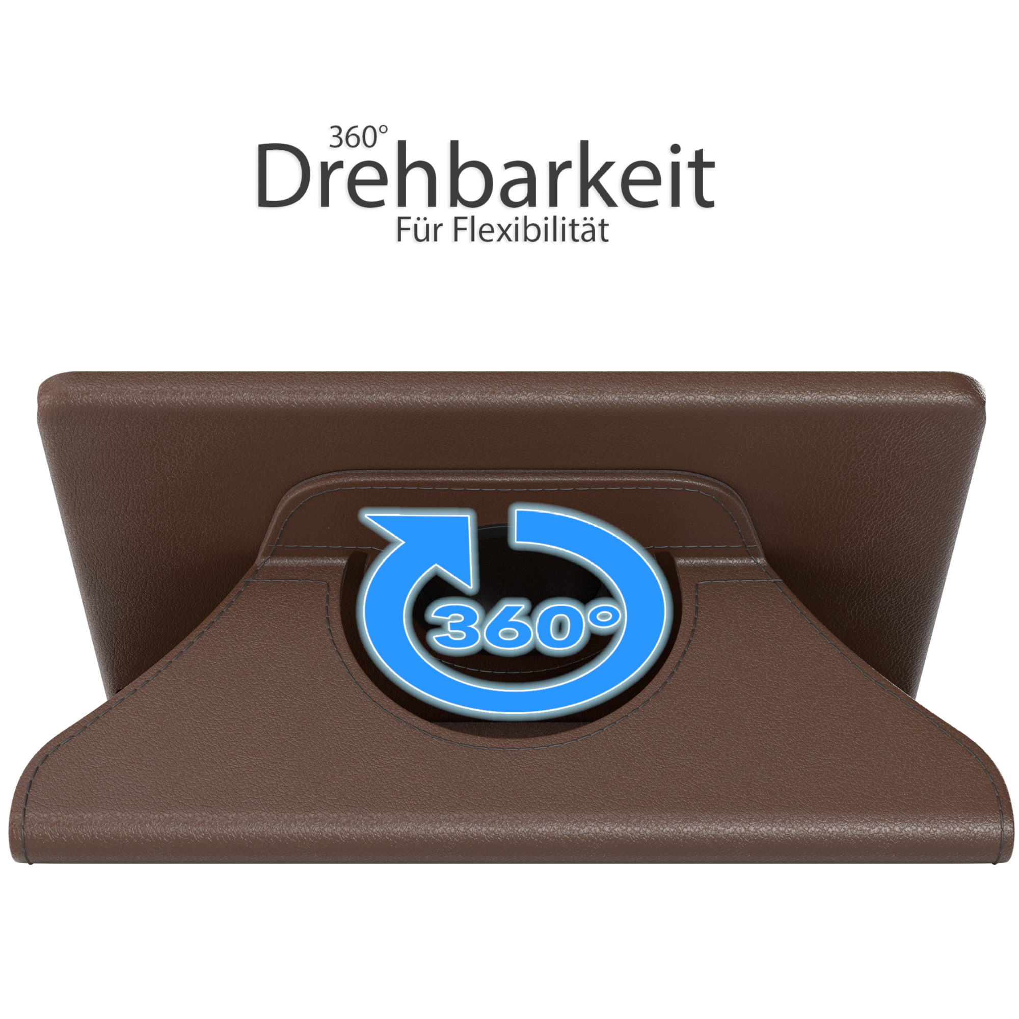 Tabletständer mit Tablet, 360°-Rotationsgrafik, braune Farbe.