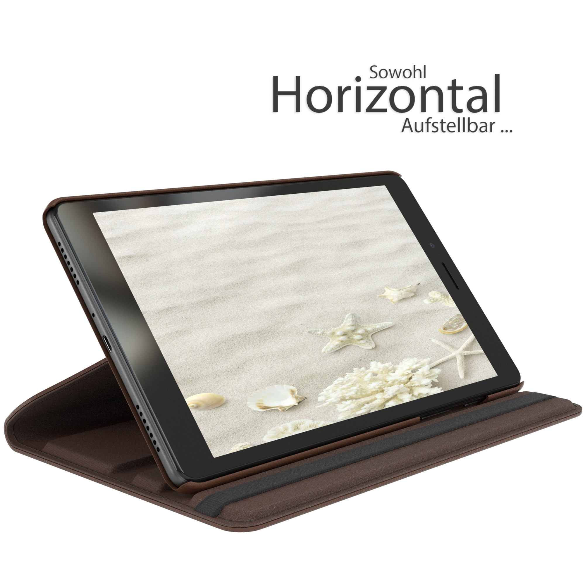 Ein Tablet in einer braunen Hülle, auf einem Ständer angewinkelt. Der Bildschirm zeigt eine Strandszene.