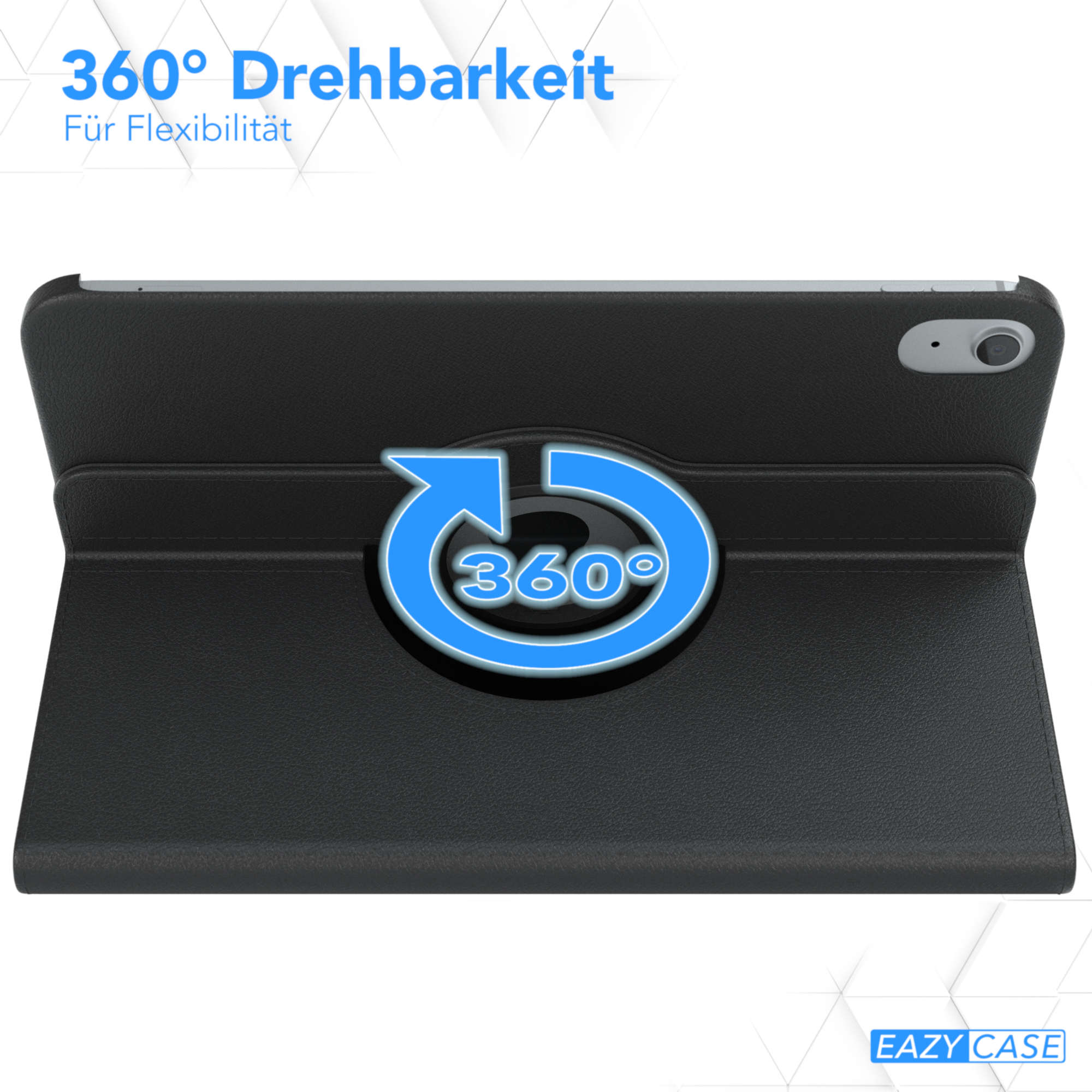 Schwarze Tablethülle mit 360-Grad-Drehdesign und EAZYCASE-Logo.