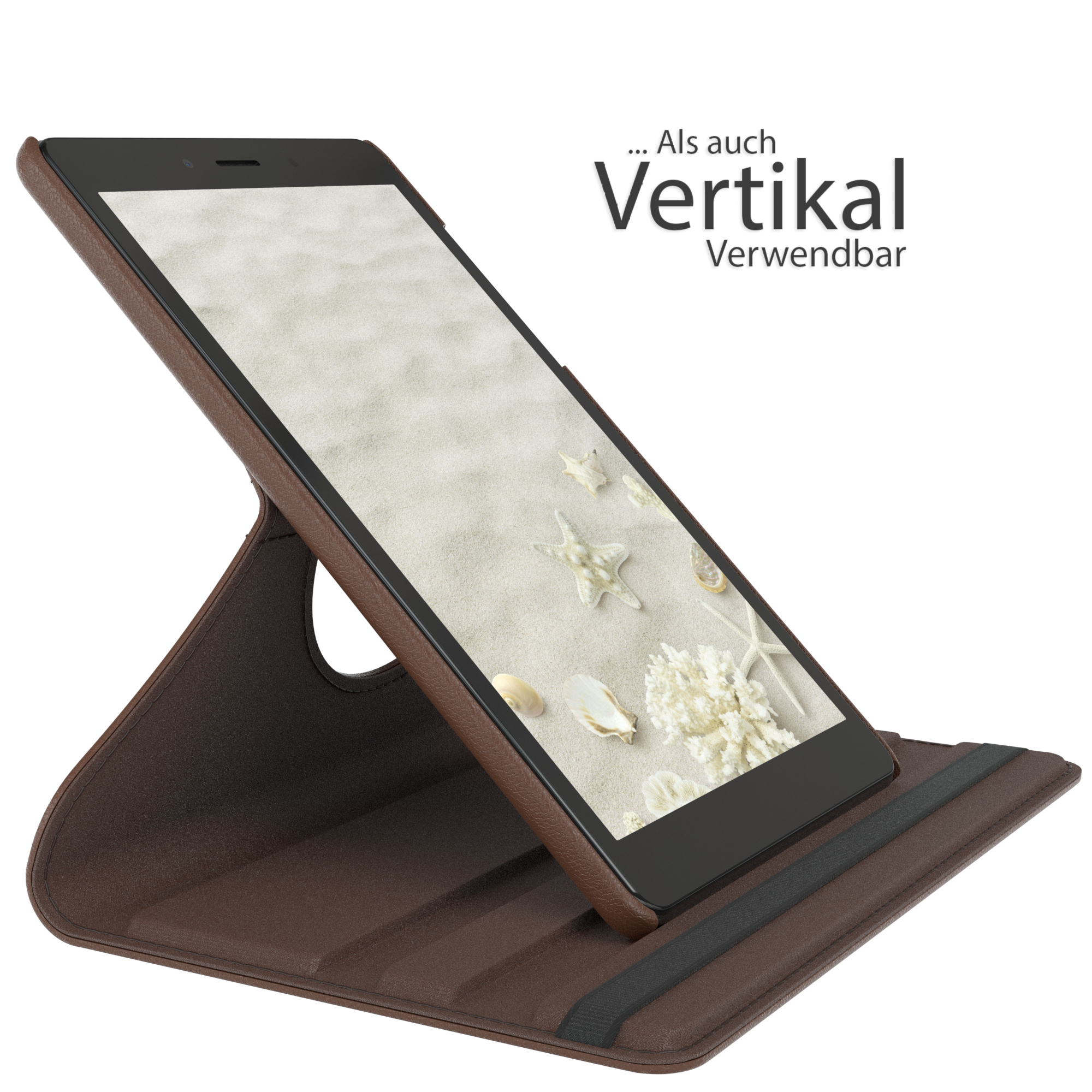 Tablet in brauner Hülle, Strandansicht mit Muscheln, angewinkelt.