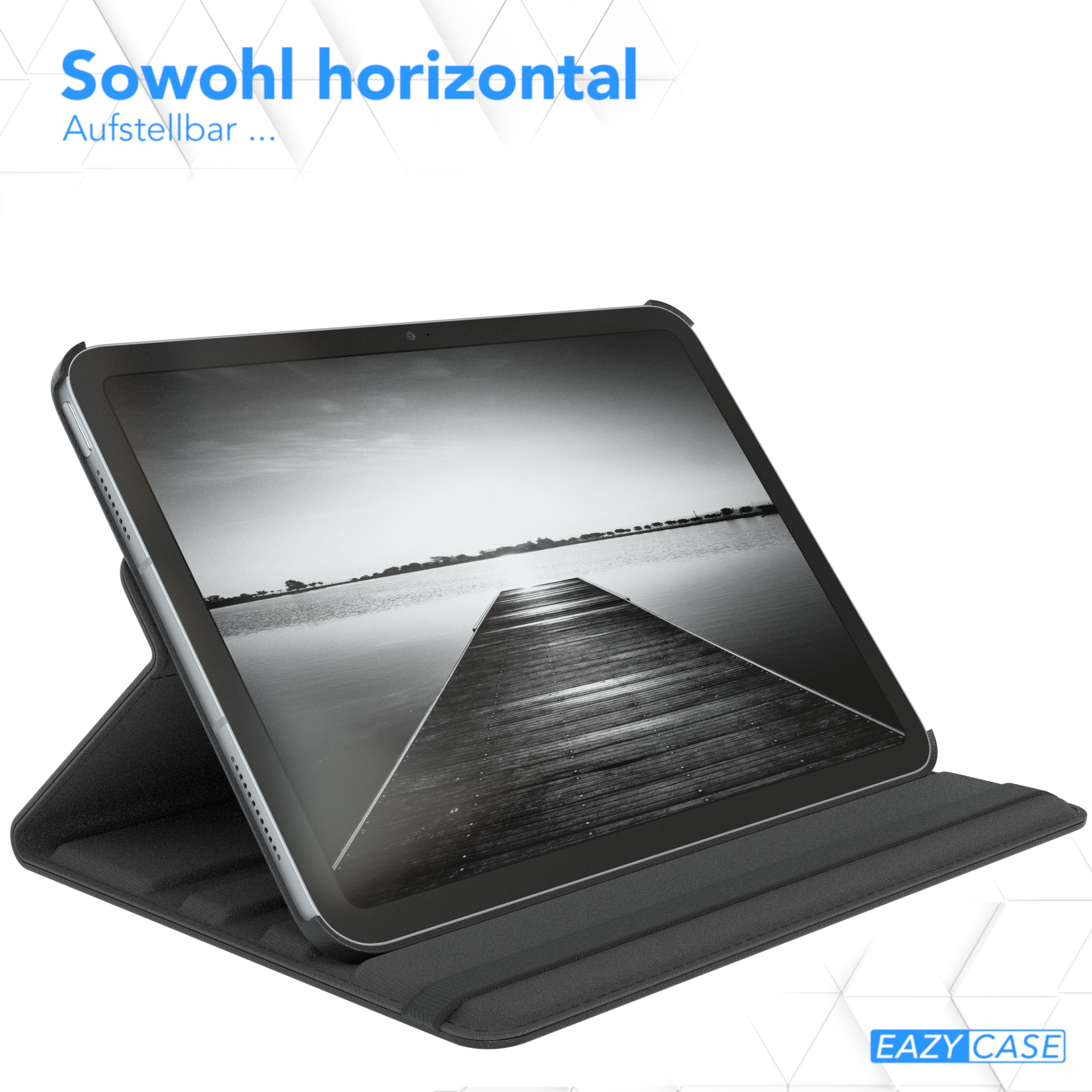 Tablet in schwarzem Case. Das Case ist geöffnet, das Tablet liegt schräg auf einer schwarzen Oberfläche.