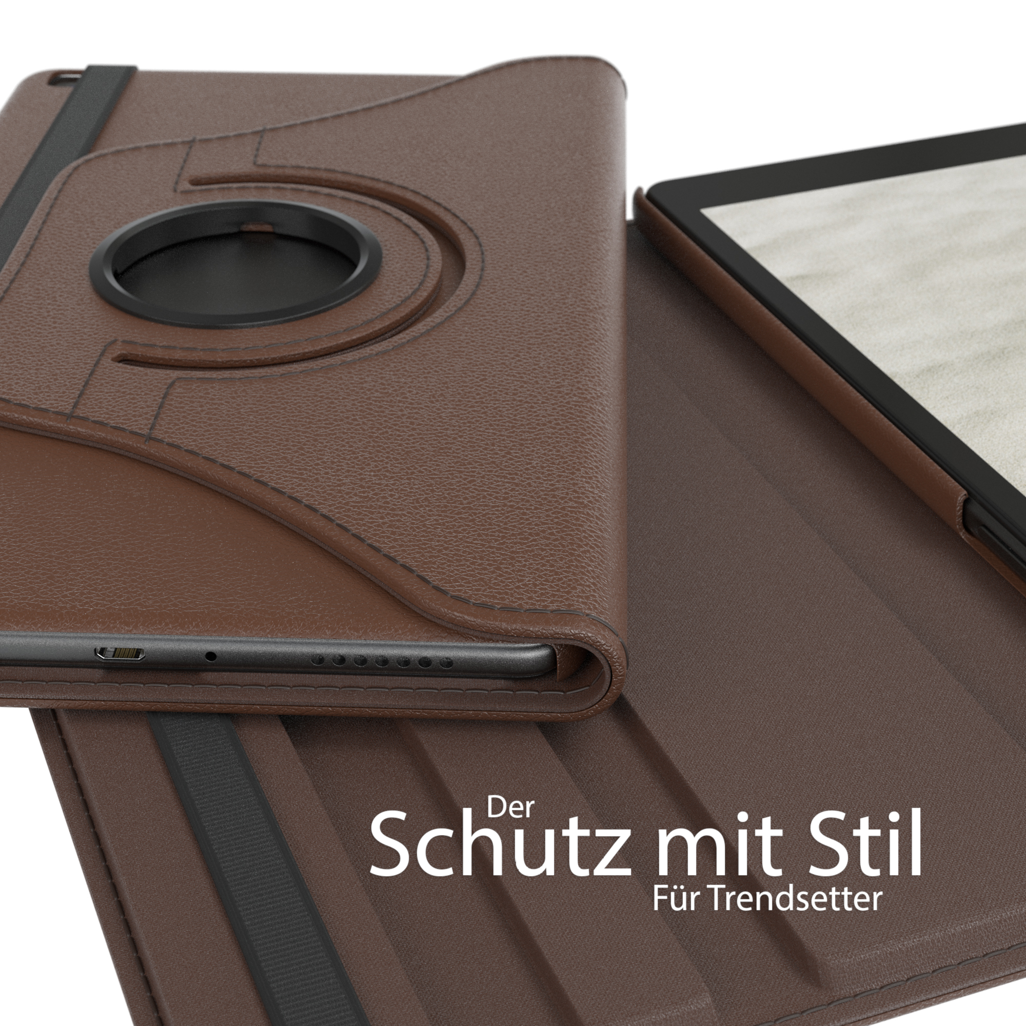 Tablet in braunem Case. Das Case ist offen und zeigt den Bildschirm. Text: Der Schutz mit Stil.