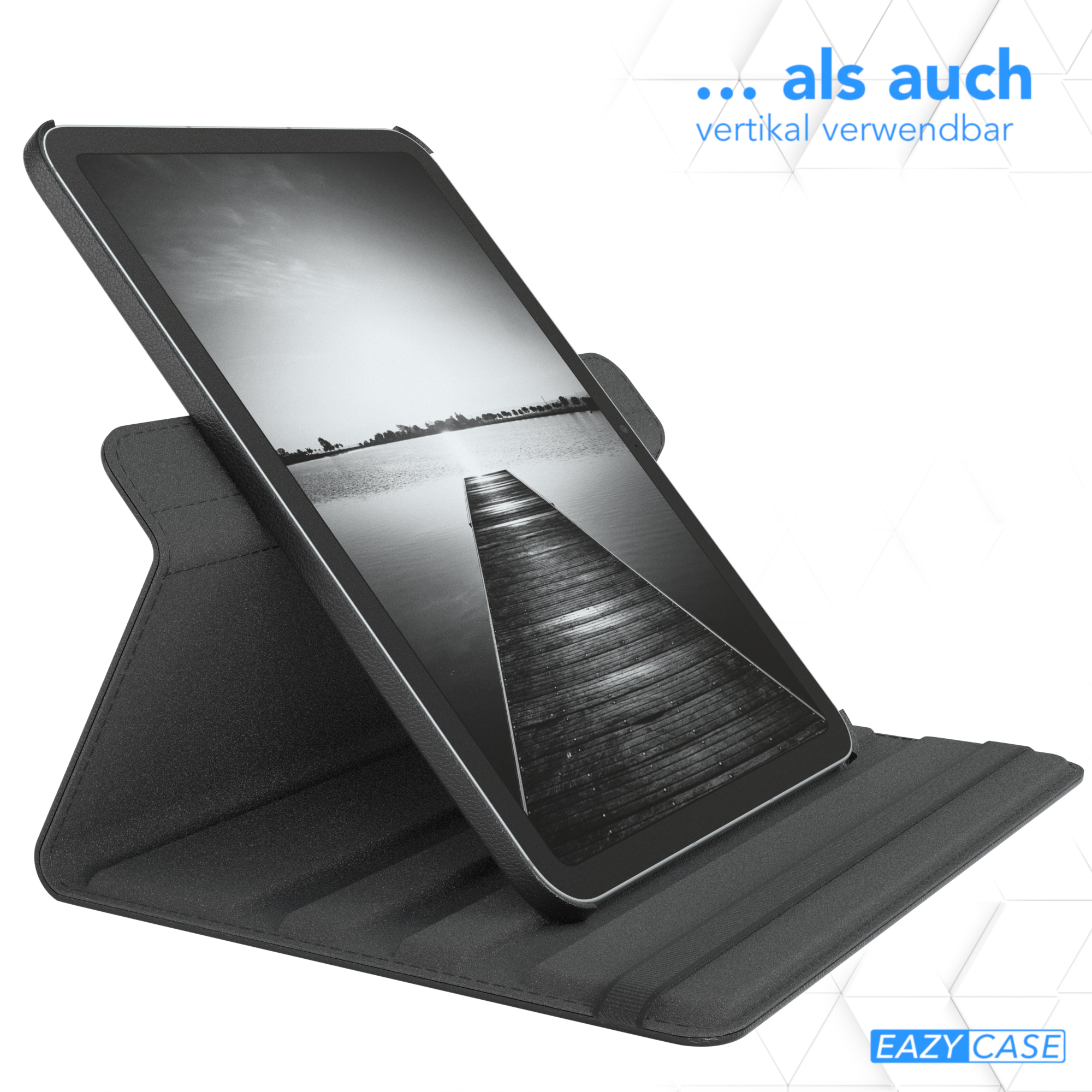 Ein schwarzes Tablet in einer Hülle. Das Tablet zeigt ein Graustufenbild eines Holzstegs.