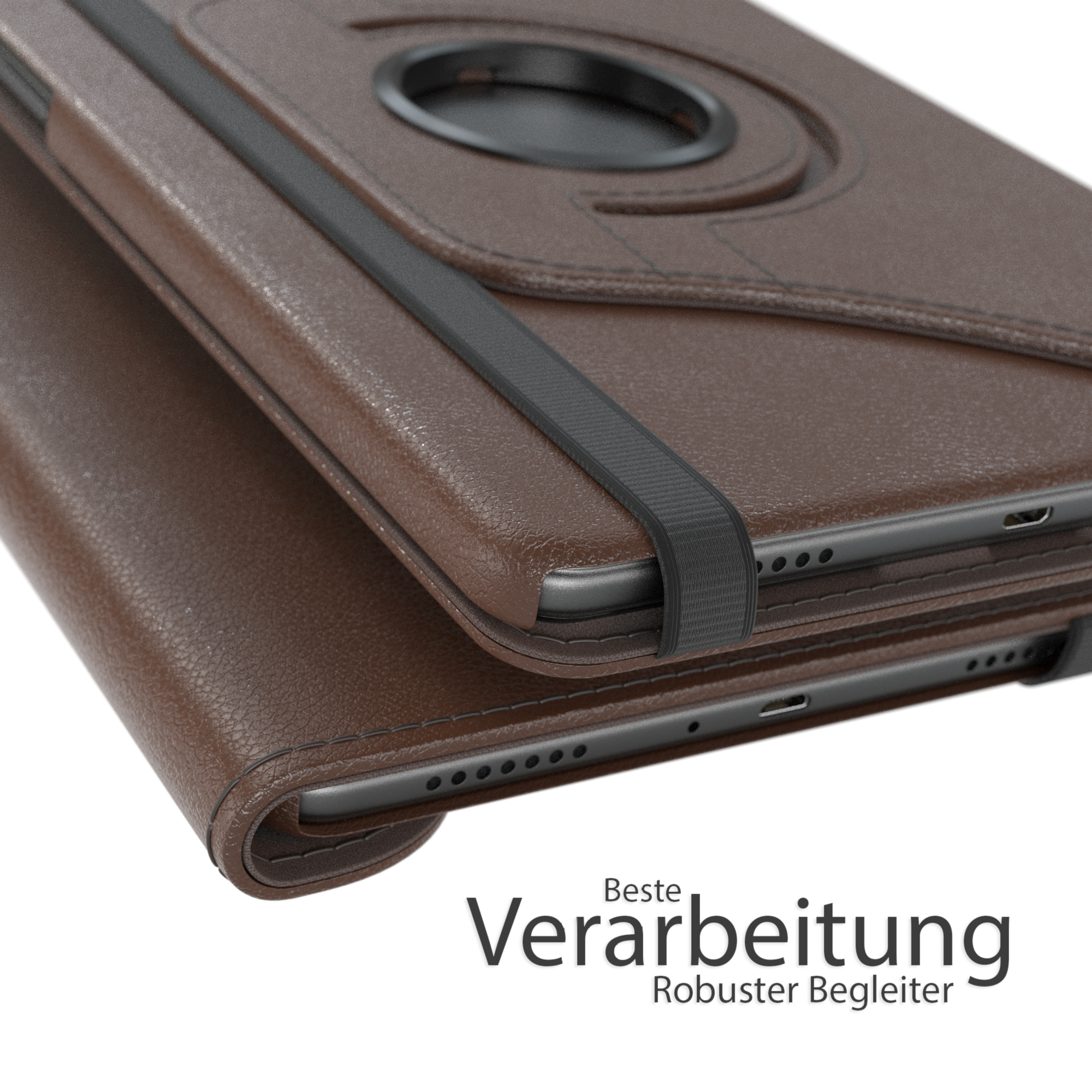 Tablet-Hülle mit Tablet darin. Braune Hülle, schwarzes Gummiband, weißer Hintergrund.