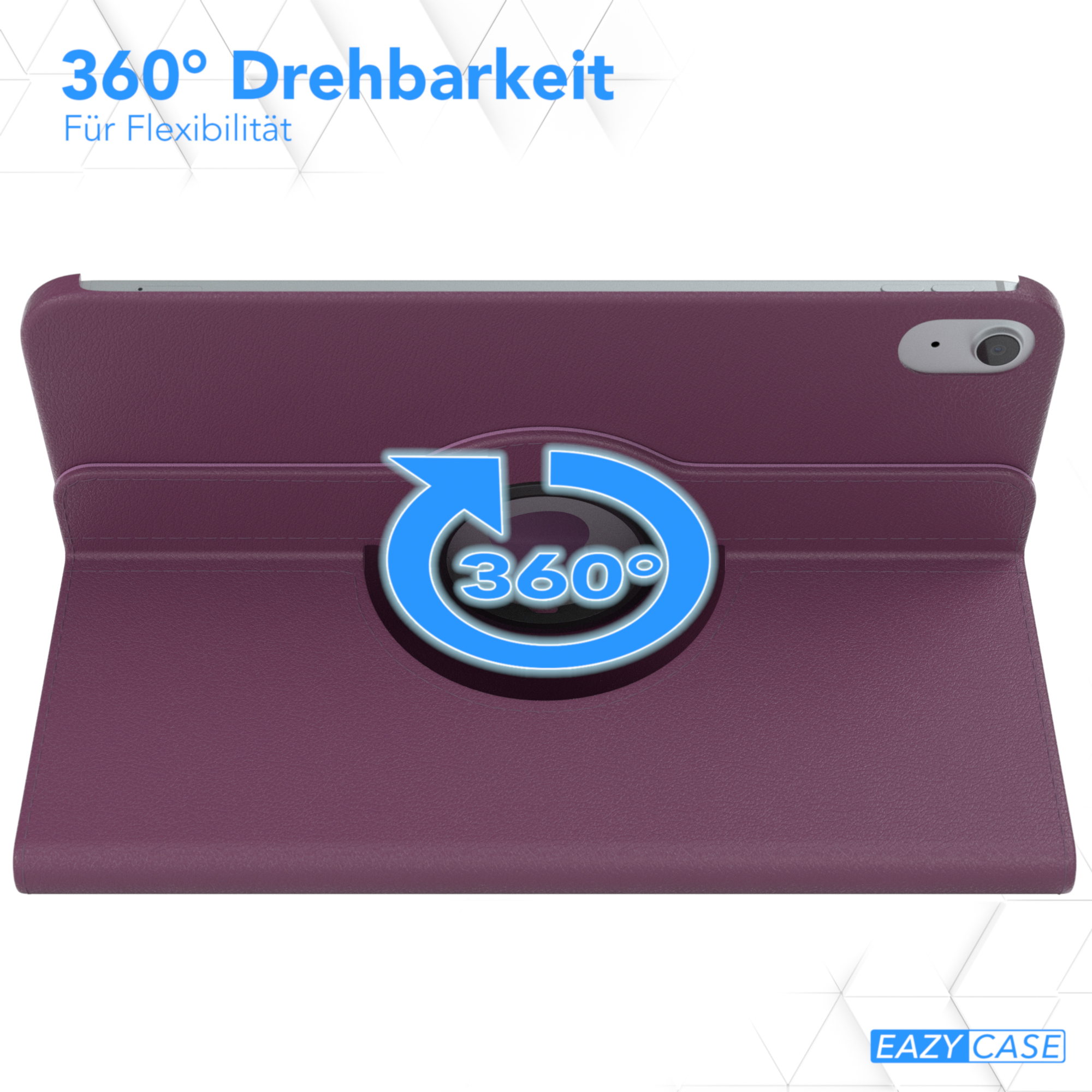 Lila Tablet-Hülle mit drehbarem Ständer. Die Hülle zeigt das EAZY CASE Logo.