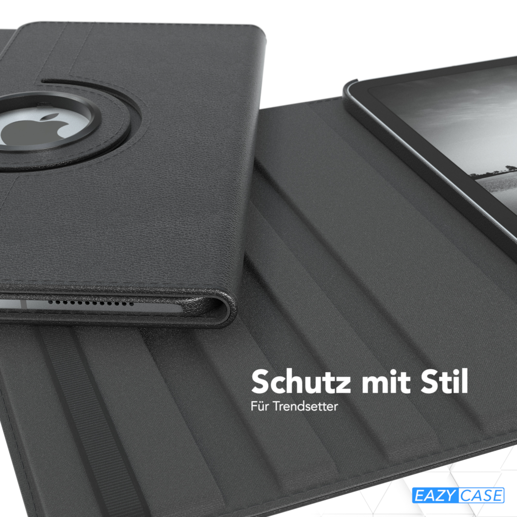 Schwarze Tablet-Hülle mit einem Apple-Logo. Schwarzer Hintergrund.