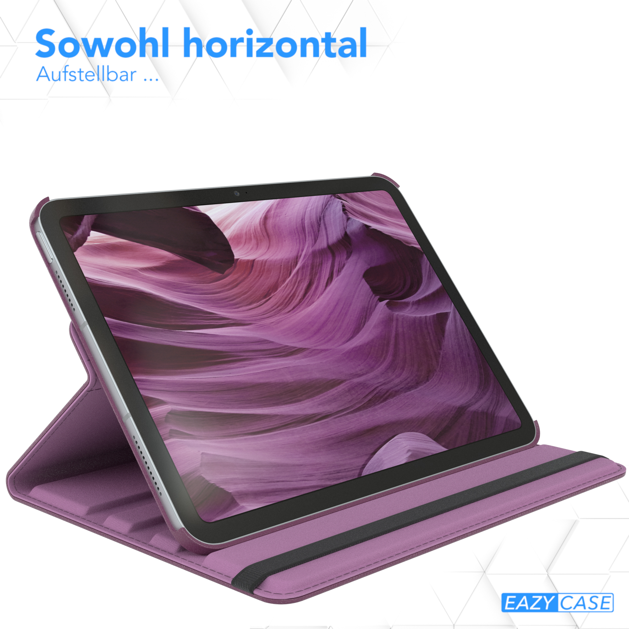 Lila Tablethülle, geöffnet. Das Tablet zeigt eine rosa Landschaft. Die Hülle befindet sich im Stand.