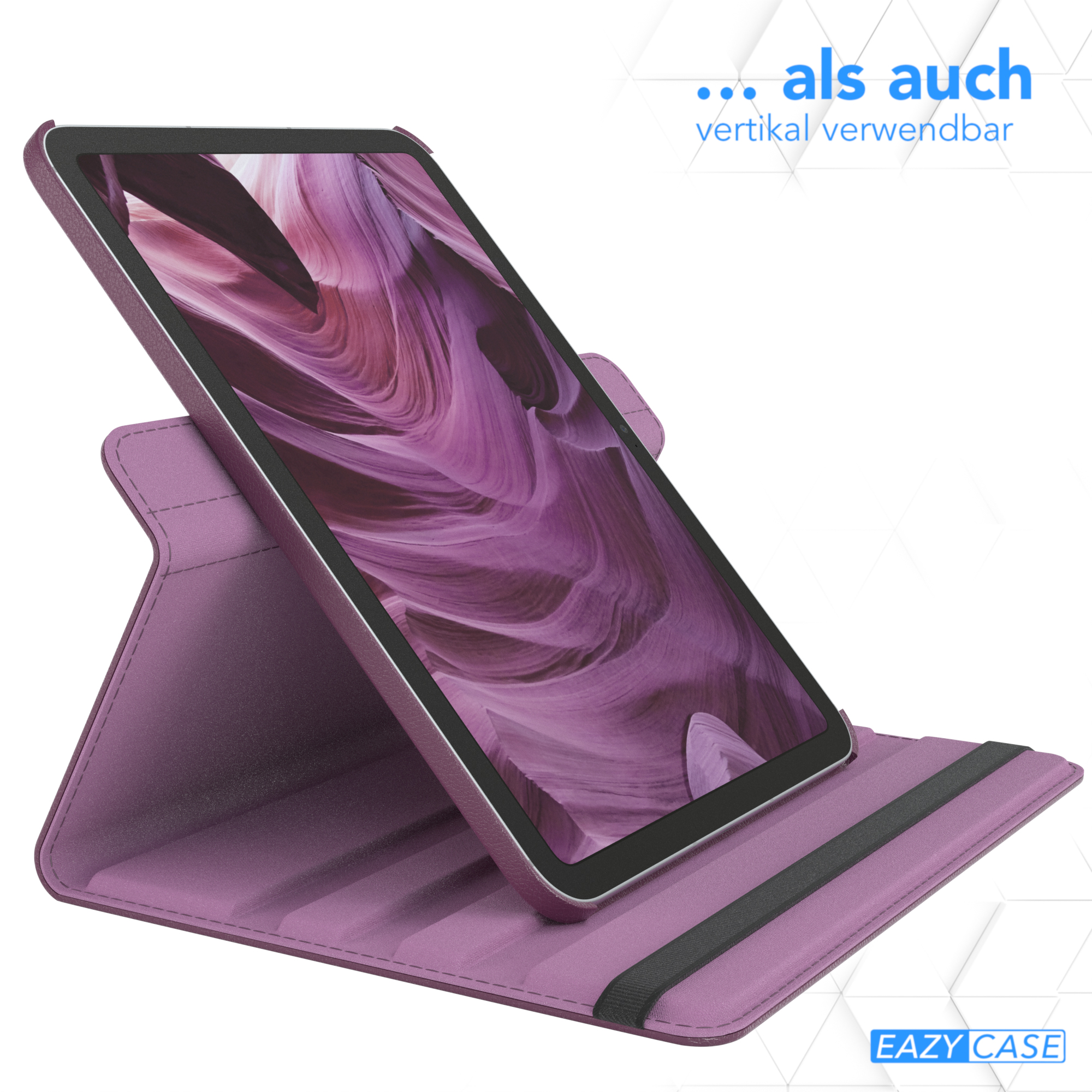 Tablet in lila Gehäuse, vertikal auf lila Ständer.
