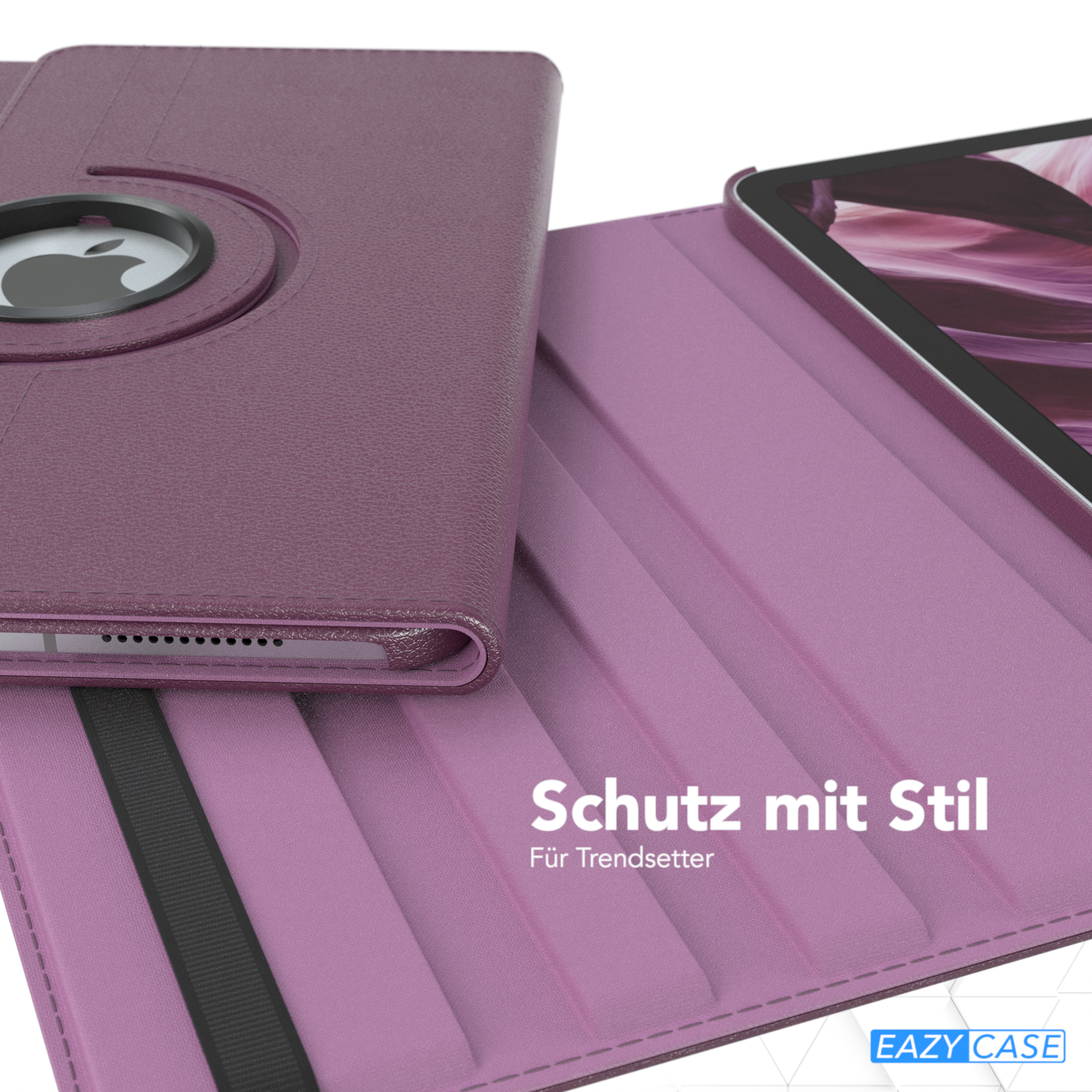 Eine lila Tablethülle, offen. Die Hülle hat einen kreisförmigen Ausschnitt. Das Tablet ist innen sichtbar.