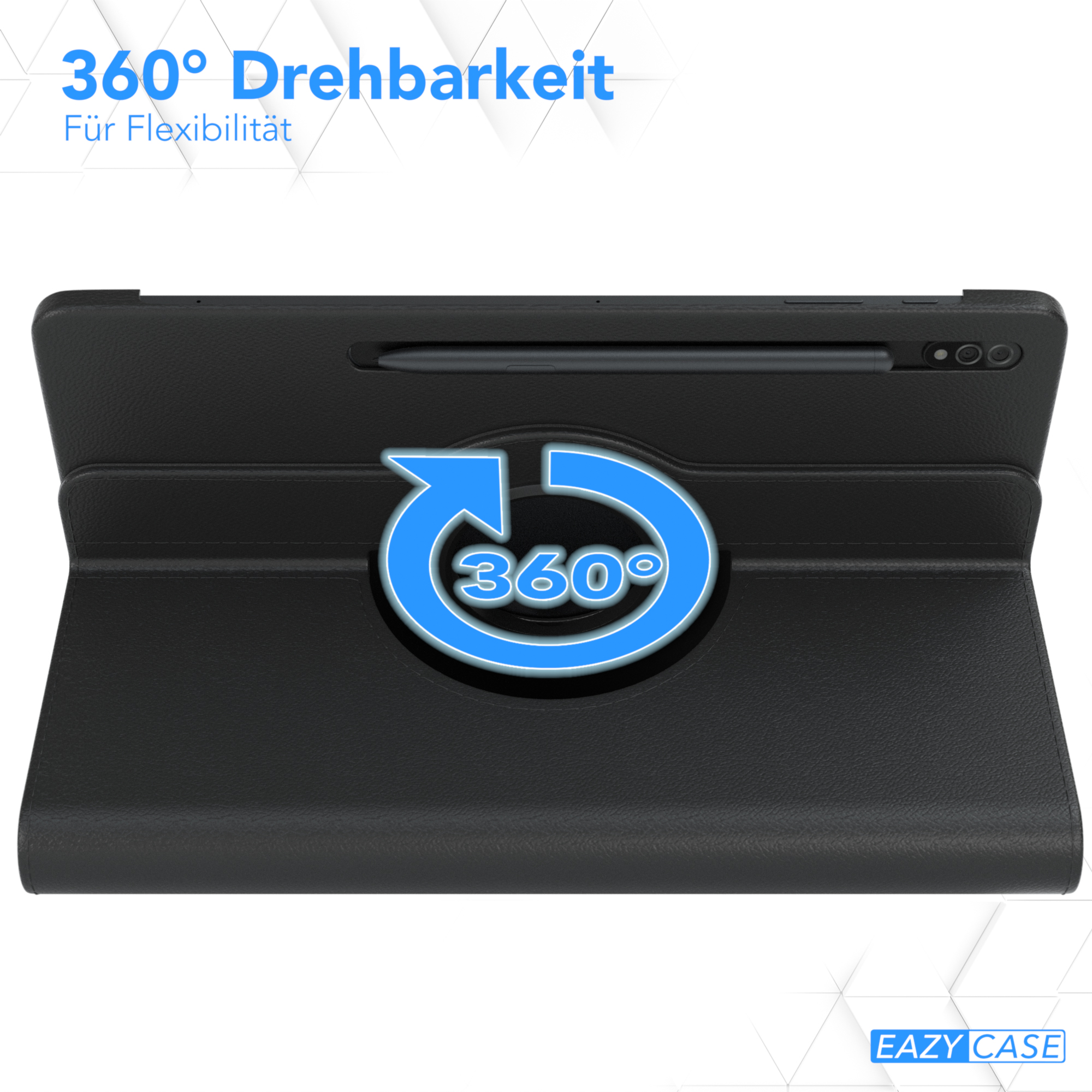 Schwarze Tablethülle mit 360-Grad-Drehdesign. Enthält einen Stift. Weißer Hintergrund.