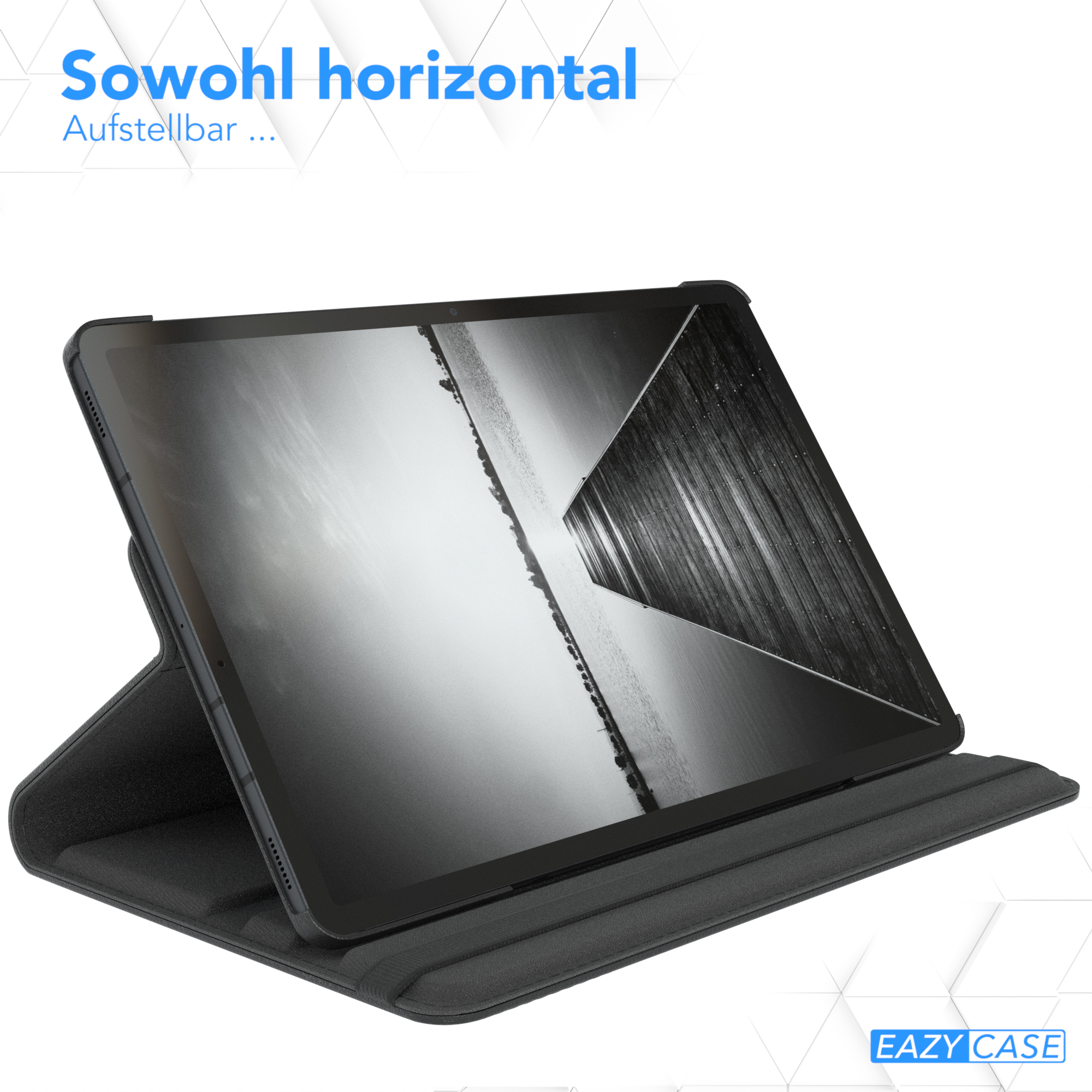 Eine schwarze Tablethülle mit einem Tablet, das ein abstraktes Schwarz-Weiß-Bild zeigt.